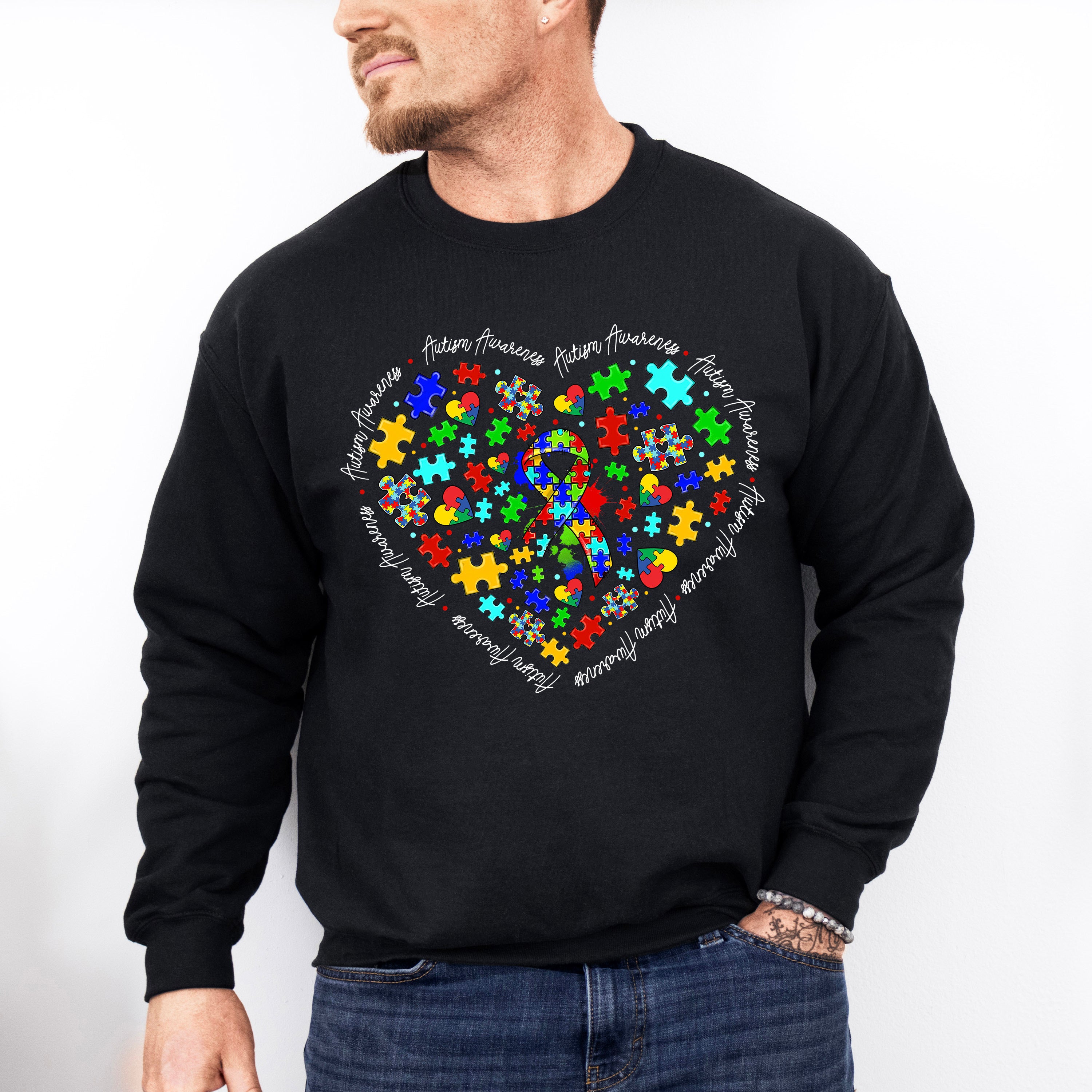 Jigsaw Ribbon Heart Design - Autism Awareness Unisex Crewneck T-Shirt Sweatshirt Hoodie