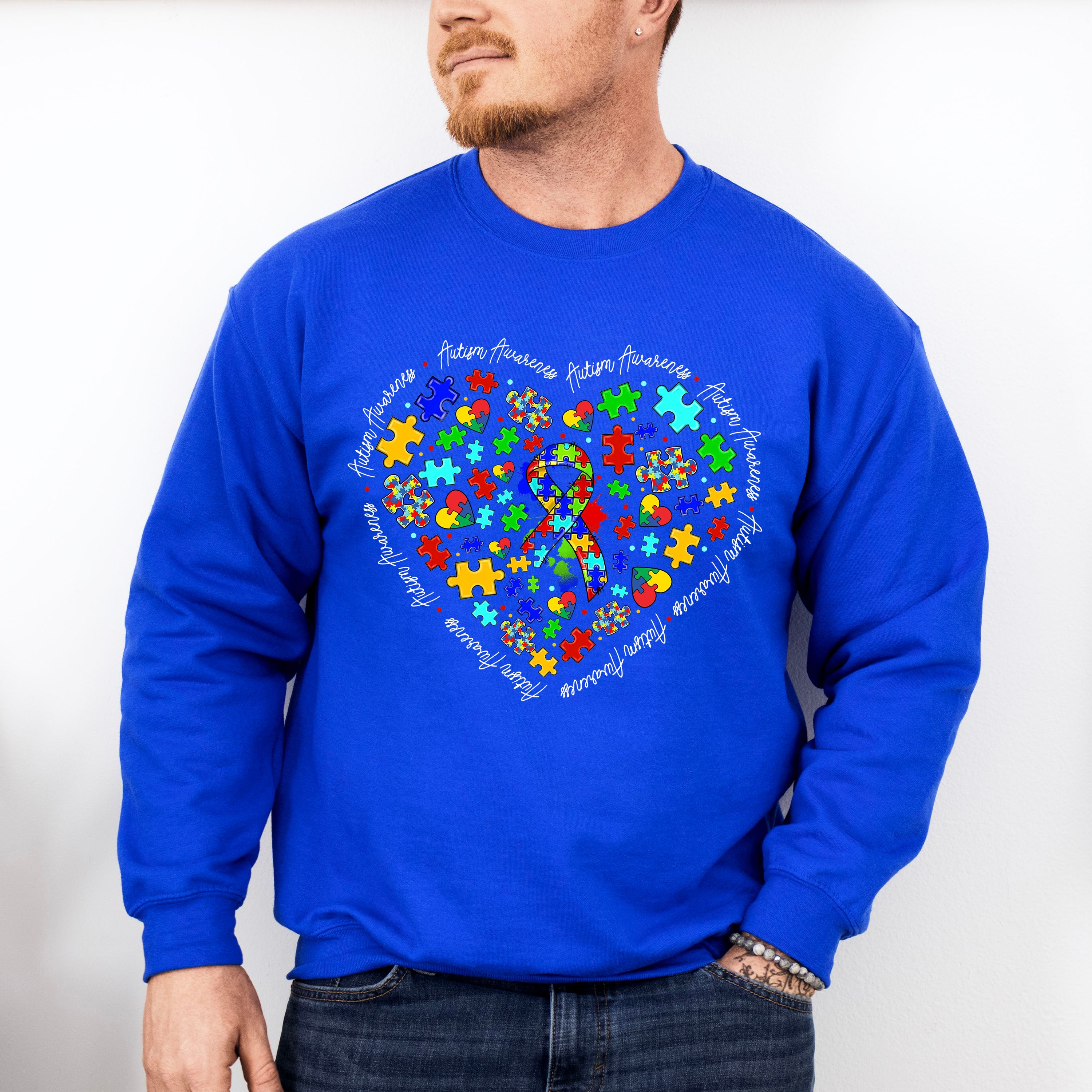 Jigsaw Ribbon Heart Design - Autism Awareness Unisex Crewneck T-Shirt Sweatshirt Hoodie