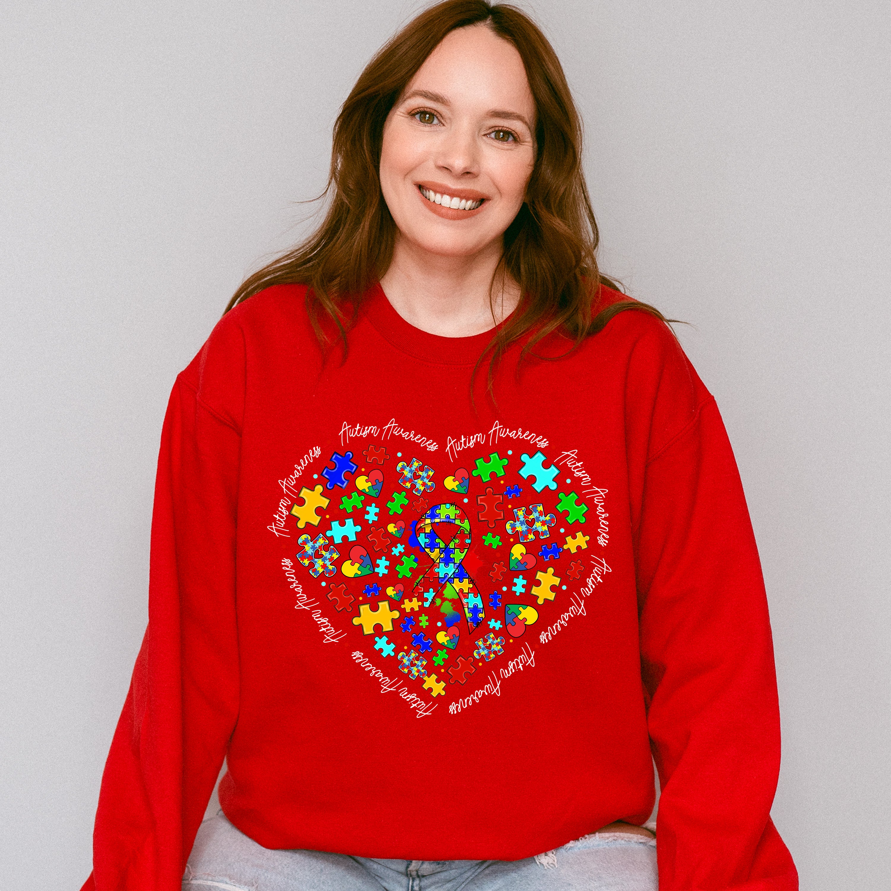 Jigsaw Ribbon Heart Design - Autism Awareness Unisex Crewneck T-Shirt Sweatshirt Hoodie