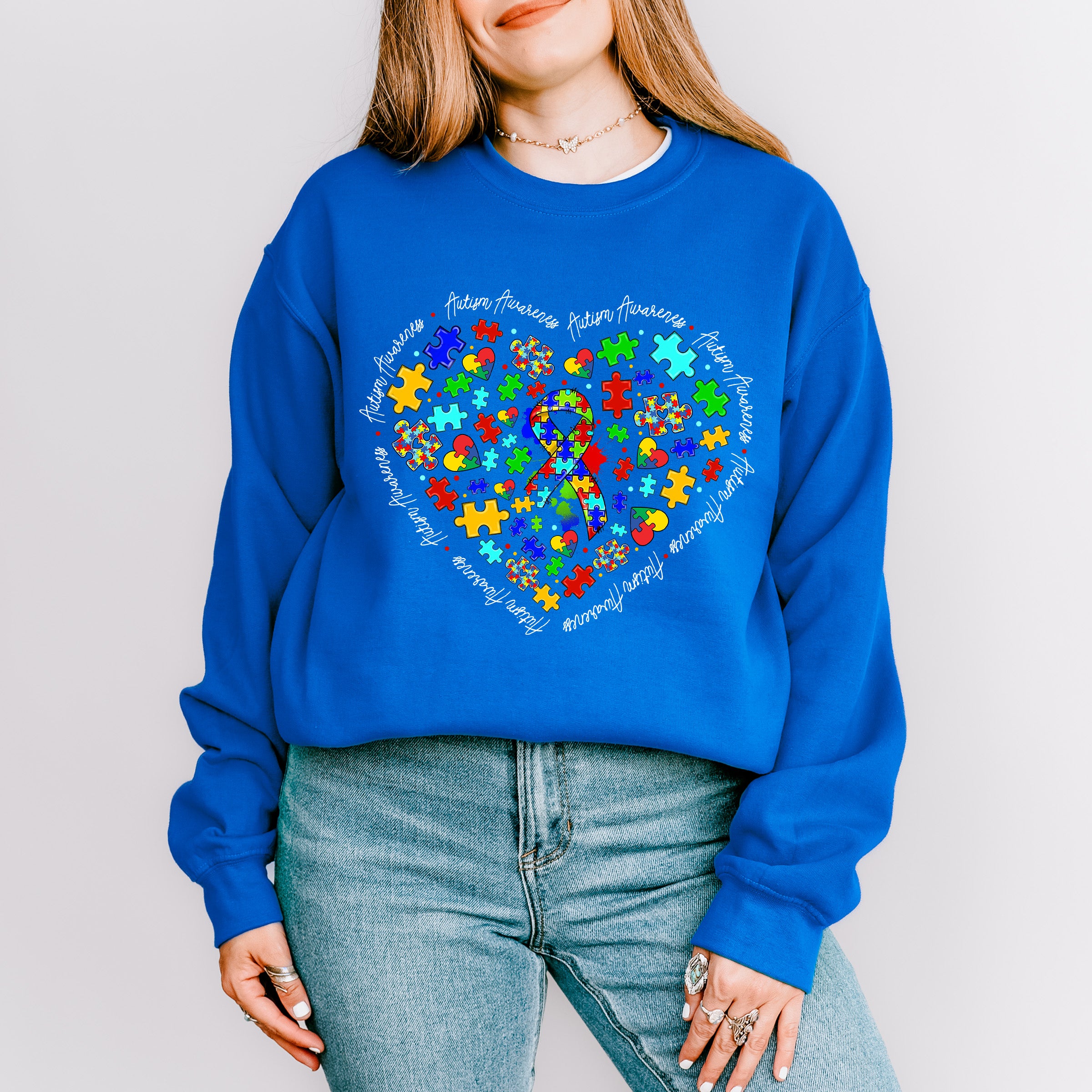 Jigsaw Ribbon Heart Design - Autism Awareness Unisex Crewneck T-Shirt Sweatshirt Hoodie