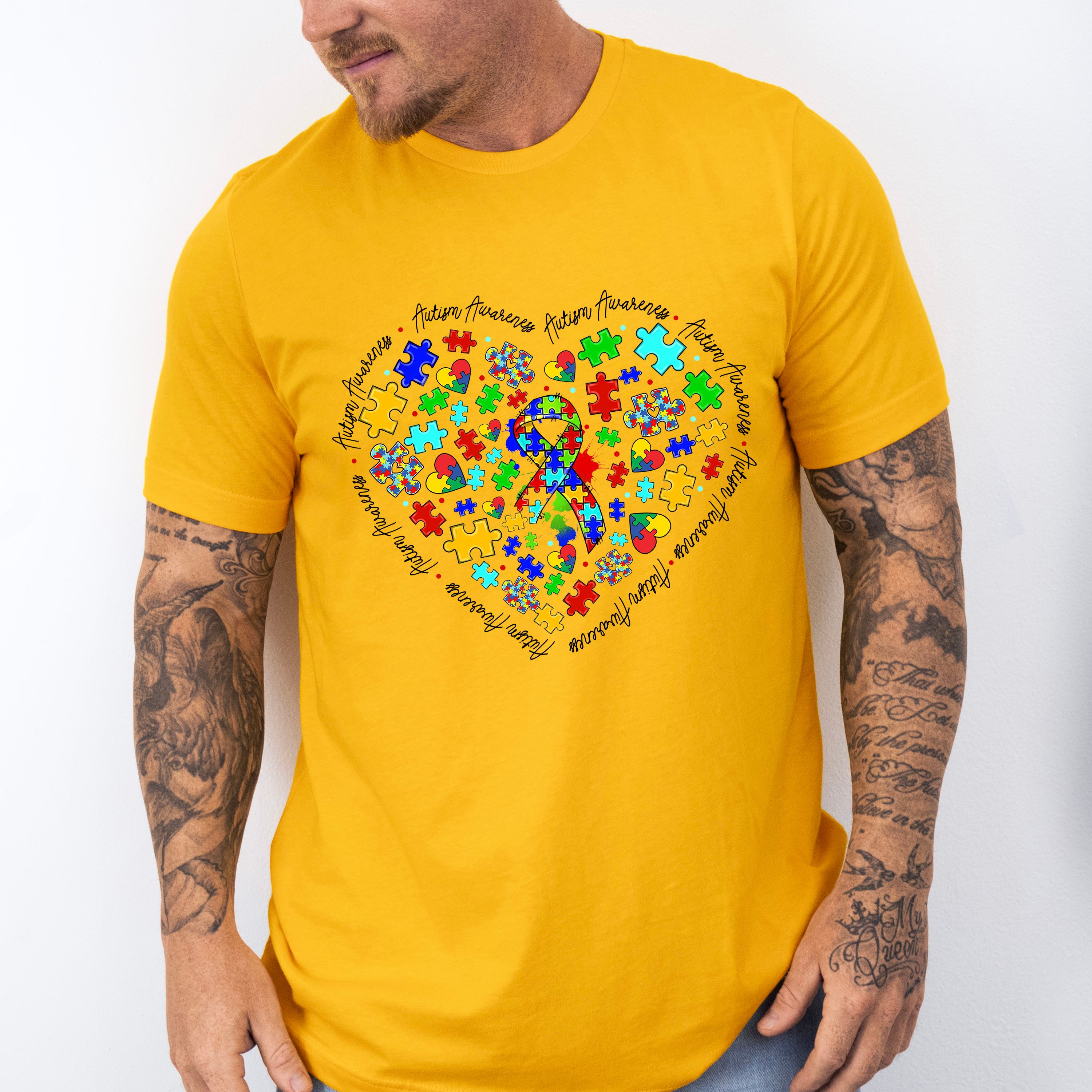 Jigsaw Ribbon Heart Design - Autism Awareness Unisex Crewneck T-Shirt Sweatshirt Hoodie