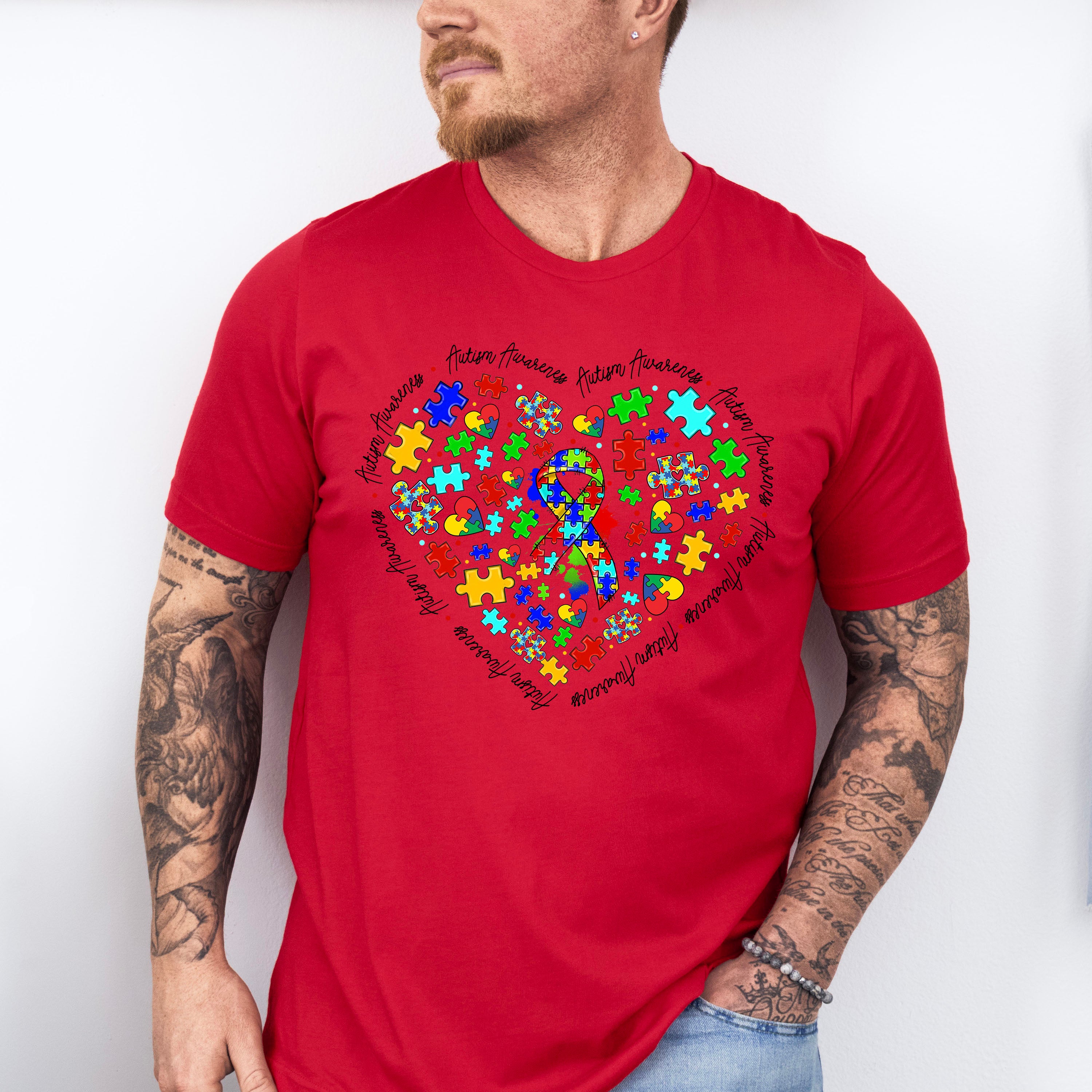 Jigsaw Ribbon Heart Design - Autism Awareness Unisex Crewneck T-Shirt Sweatshirt Hoodie