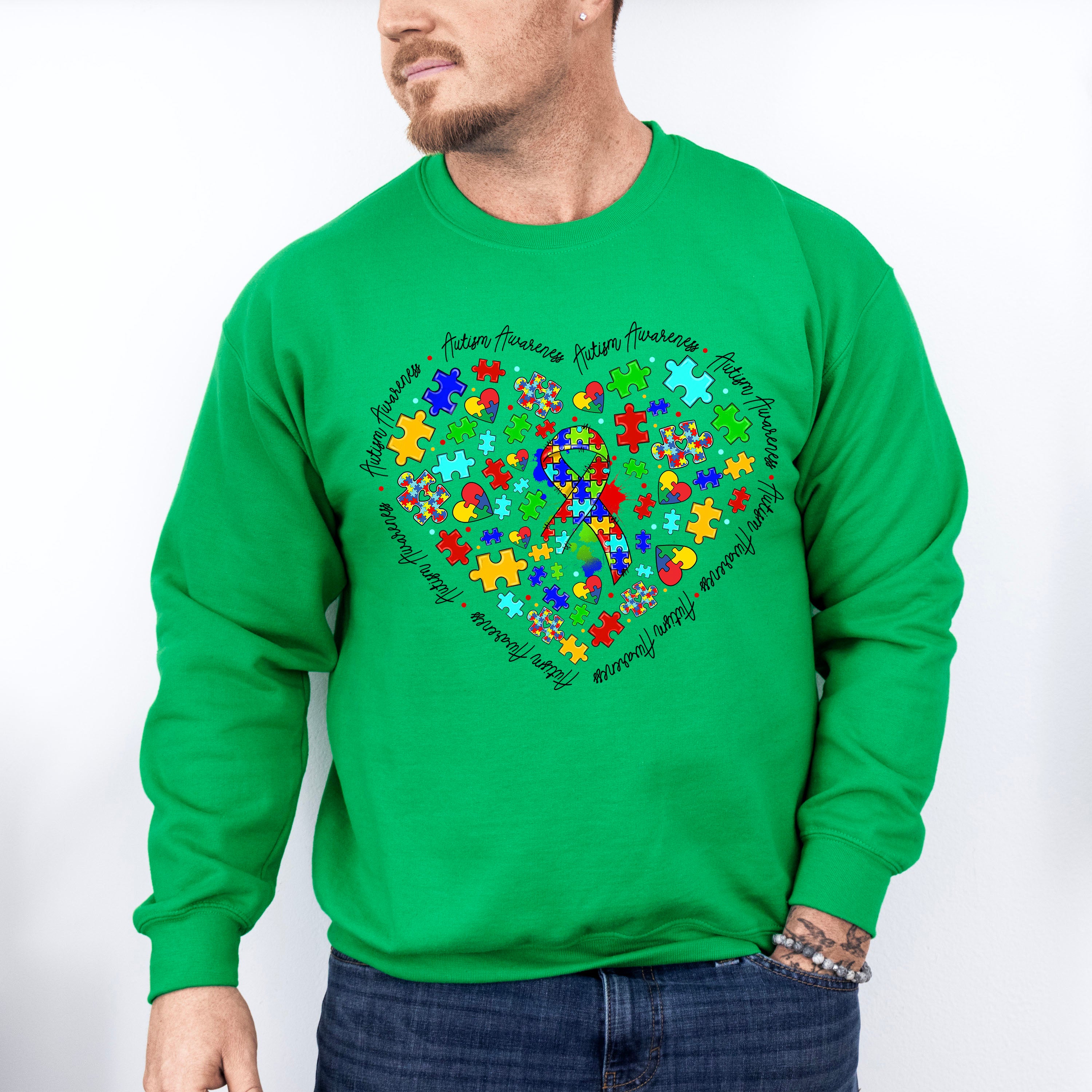 Jigsaw Ribbon Heart Design - Autism Awareness Unisex Crewneck T-Shirt Sweatshirt Hoodie