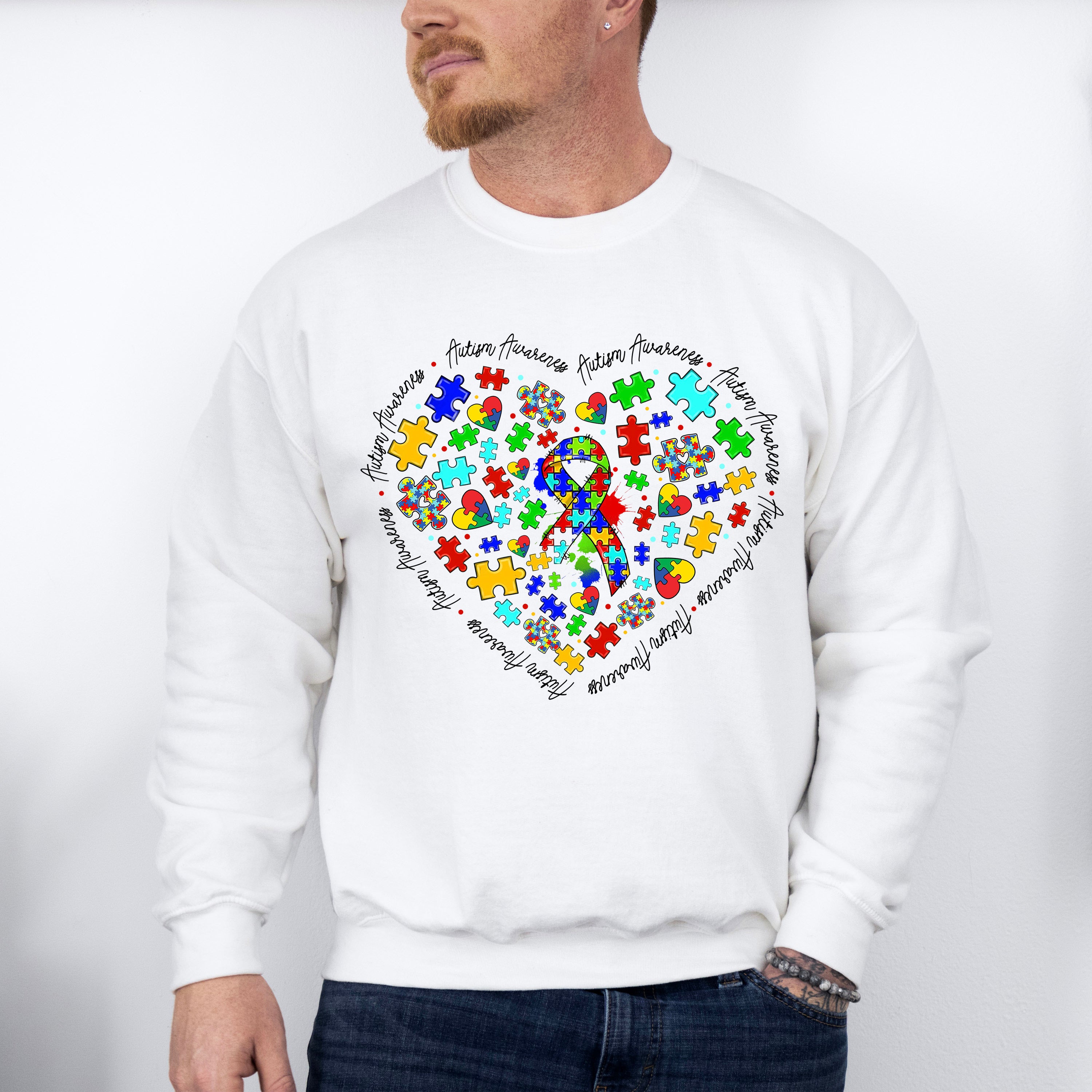 Jigsaw Ribbon Heart Design - Autism Awareness Unisex Crewneck T-Shirt Sweatshirt Hoodie