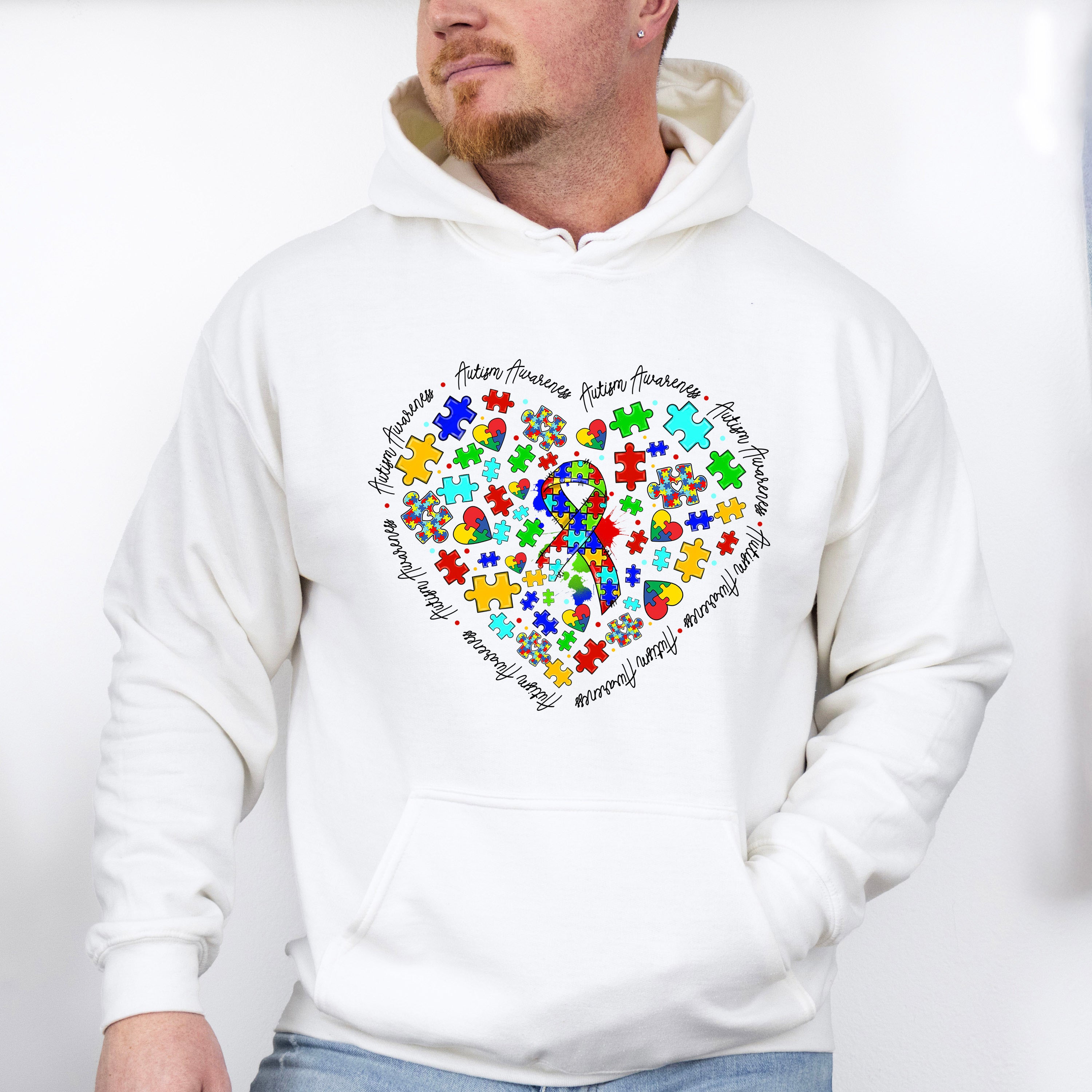 Jigsaw Ribbon Heart Design - Autism Awareness Unisex Crewneck T-Shirt Sweatshirt Hoodie