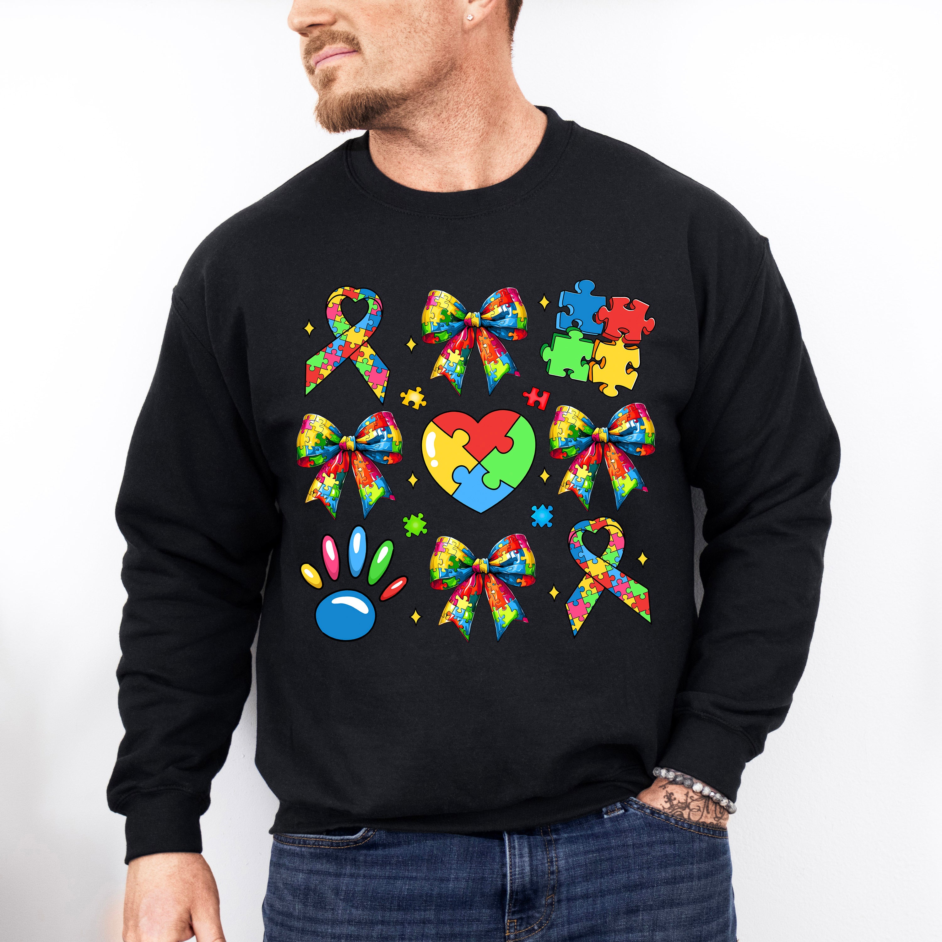 Ribbon Heart Jigsaw - Autism Awareness Unisex Crewneck T-Shirt Sweatshirt Hoodie