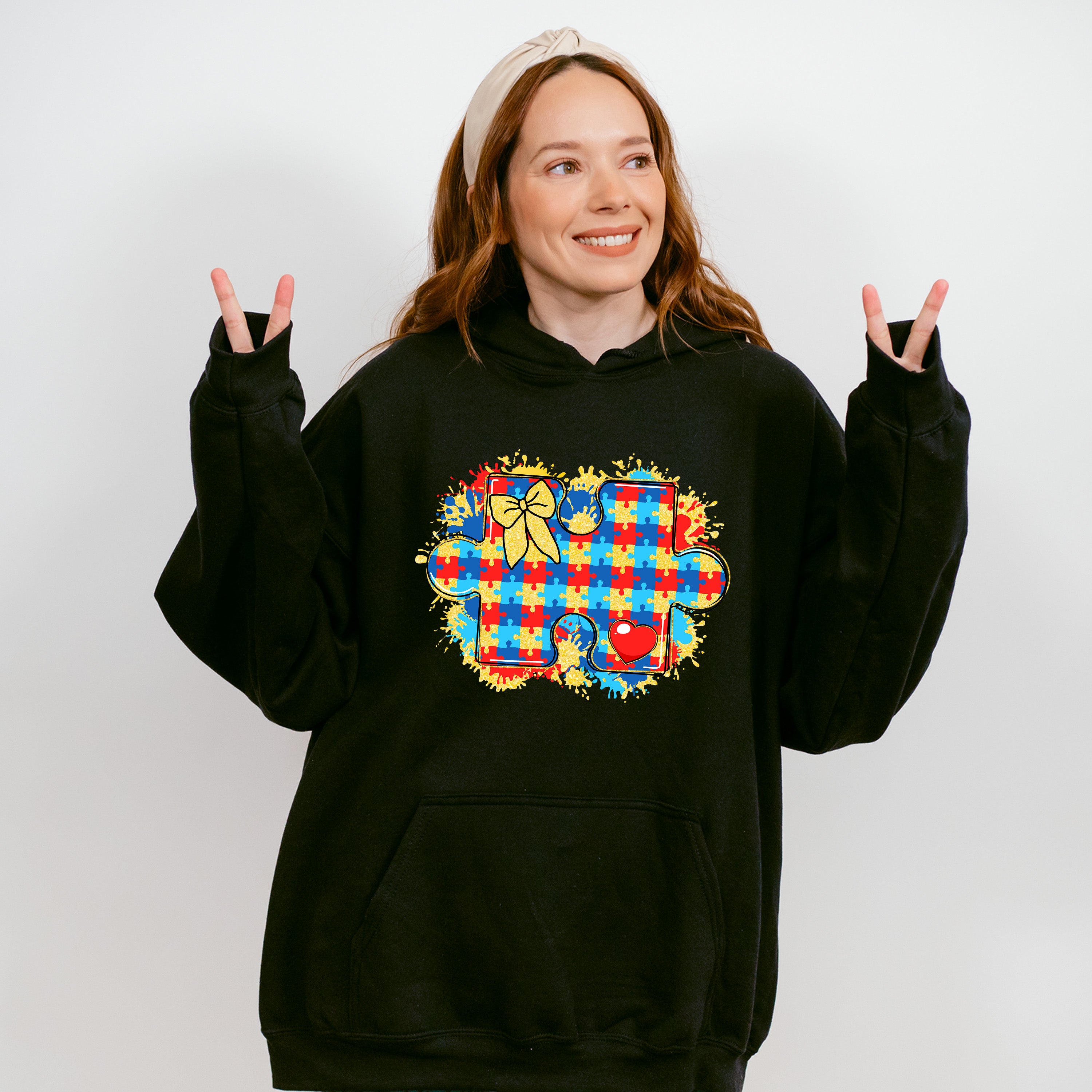 Red Blue Yellow Jigsaw Design - Autism Awareness Unisex Crewneck T-Shirt Sweatshirt Hoodie