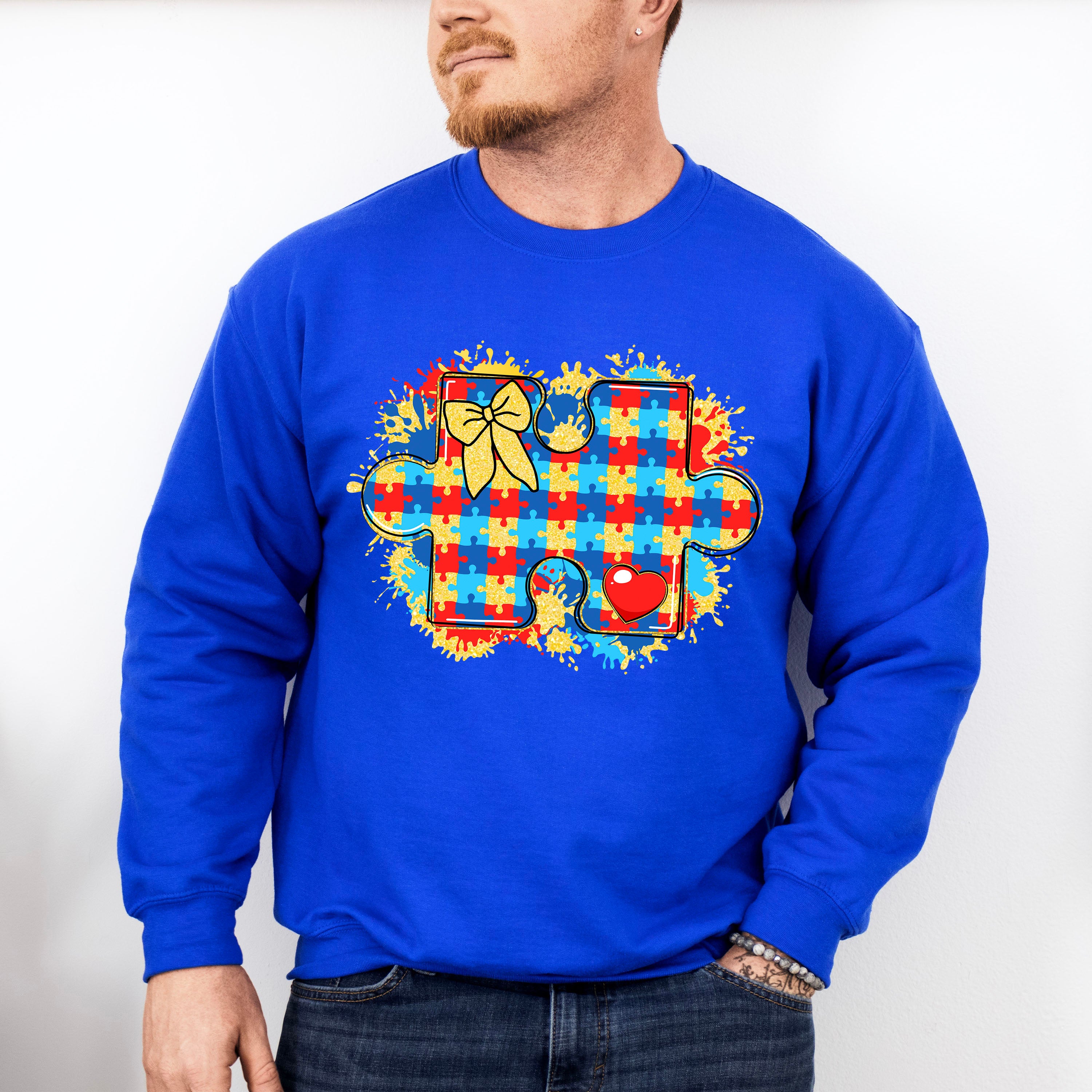 Red Blue Yellow Jigsaw Design - Autism Awareness Unisex Crewneck T-Shirt Sweatshirt Hoodie