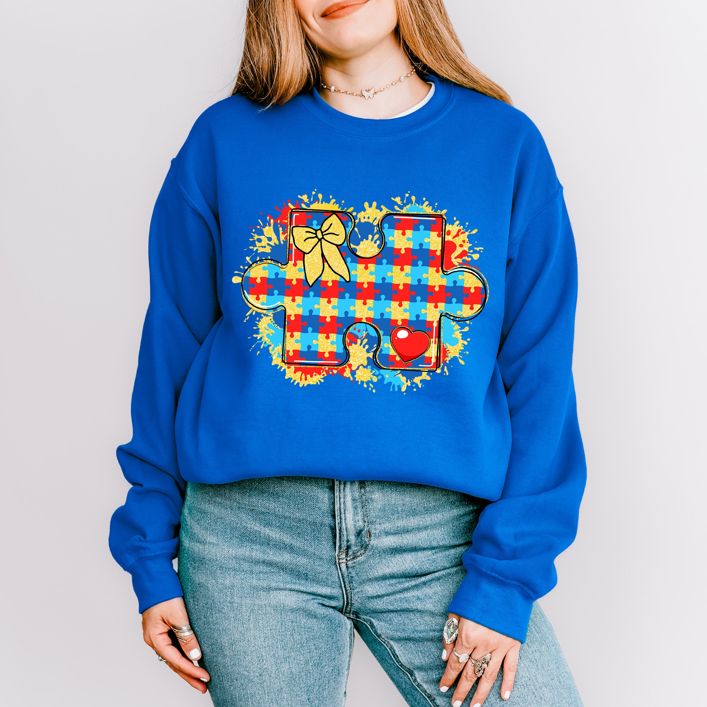 Red Blue Yellow Jigsaw Design - Autism Awareness Unisex Crewneck T-Shirt Sweatshirt Hoodie