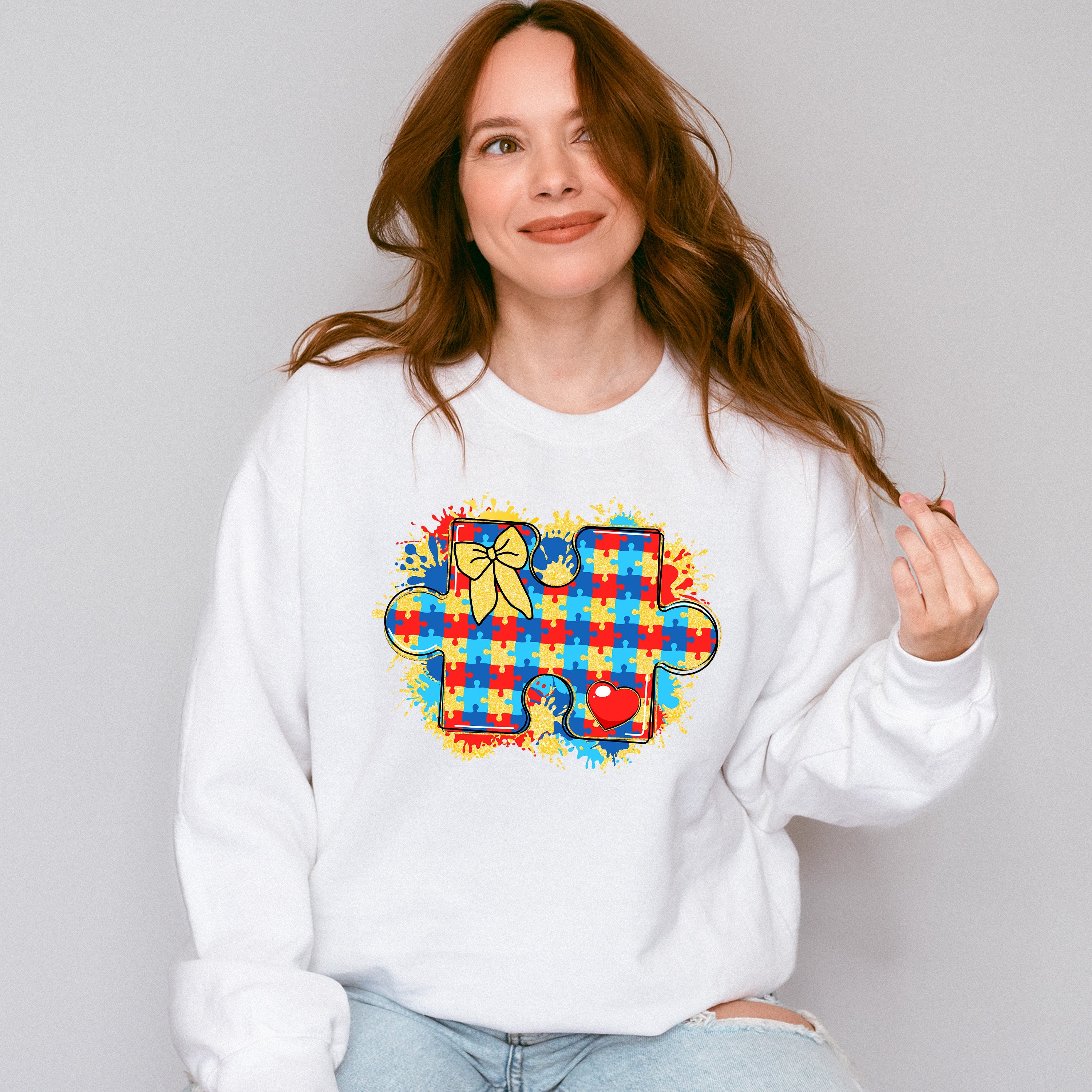 Red Blue Yellow Jigsaw Design - Autism Awareness Unisex Crewneck T-Shirt Sweatshirt Hoodie
