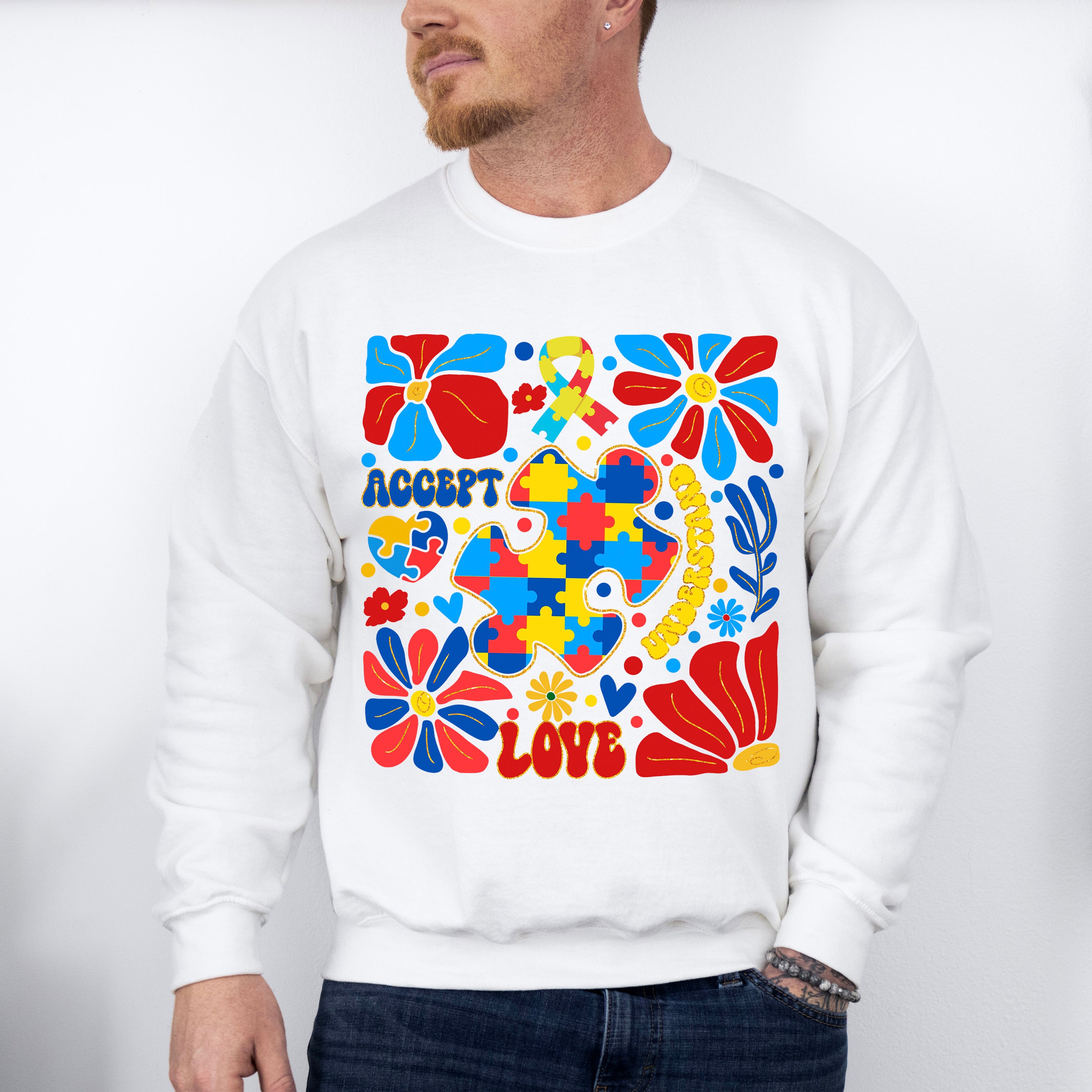 Accept Love Understand Flowers Colorful Design - Autism Awareness Unisex Crewneck T-Shirt Sweatshirt Hoodie