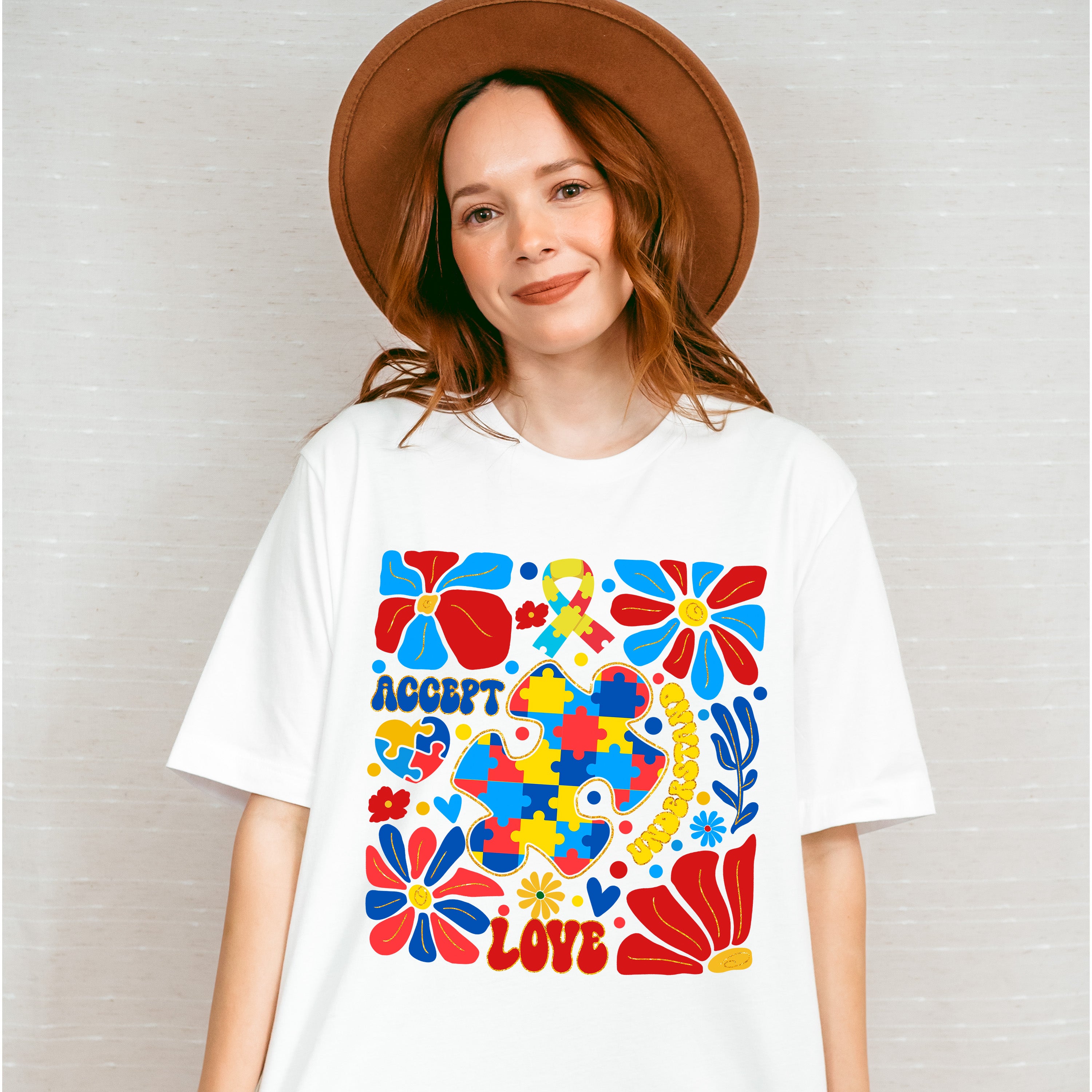 Accept Love Understand Flowers Colorful Design - Autism Awareness Unisex Crewneck T-Shirt Sweatshirt Hoodie