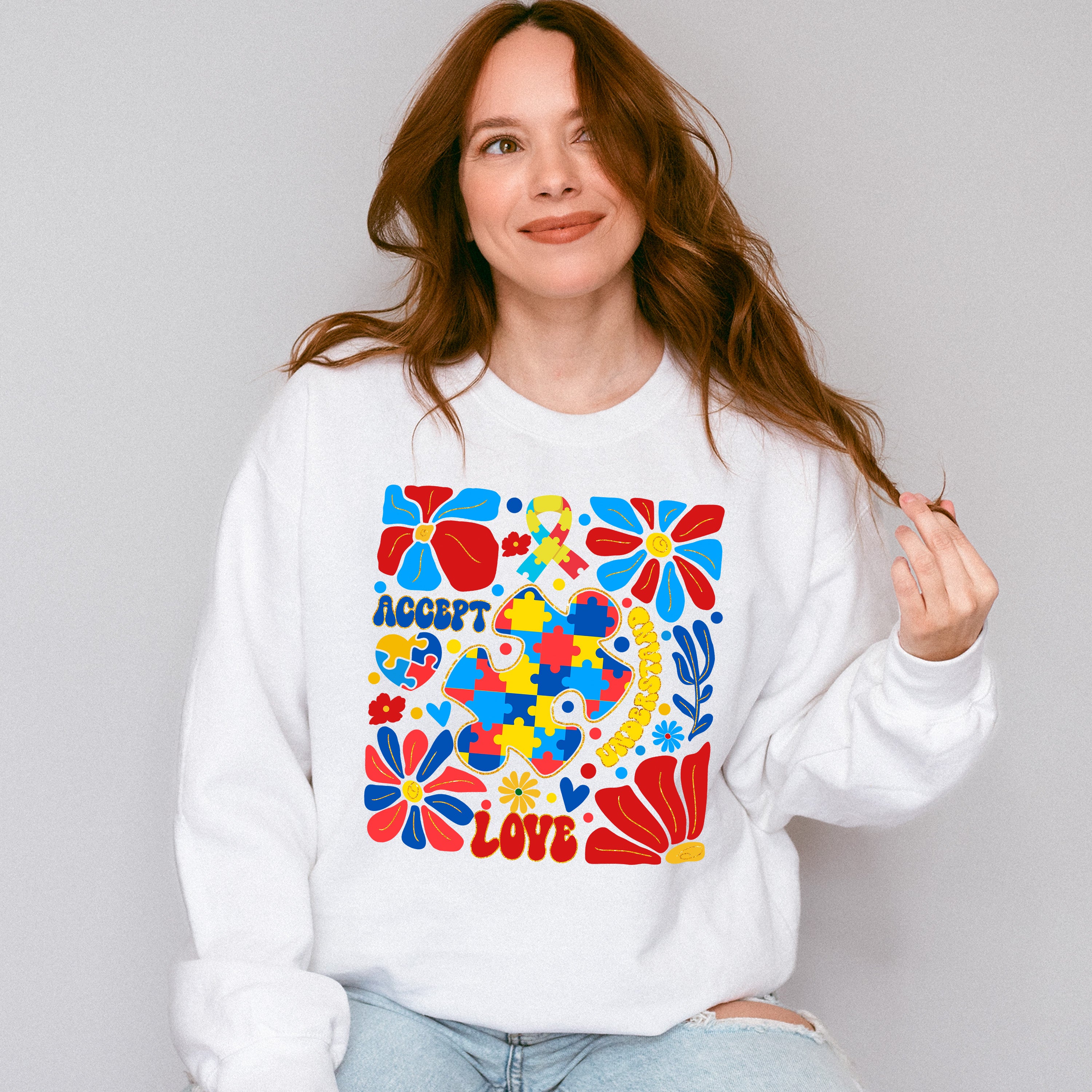 Accept Love Understand Flowers Colorful Design - Autism Awareness Unisex Crewneck T-Shirt Sweatshirt Hoodie