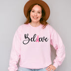 Believe Pink Heart Ribbon - Cancer Unisex Crewneck T-Shirt Sweatshirt Hoodie