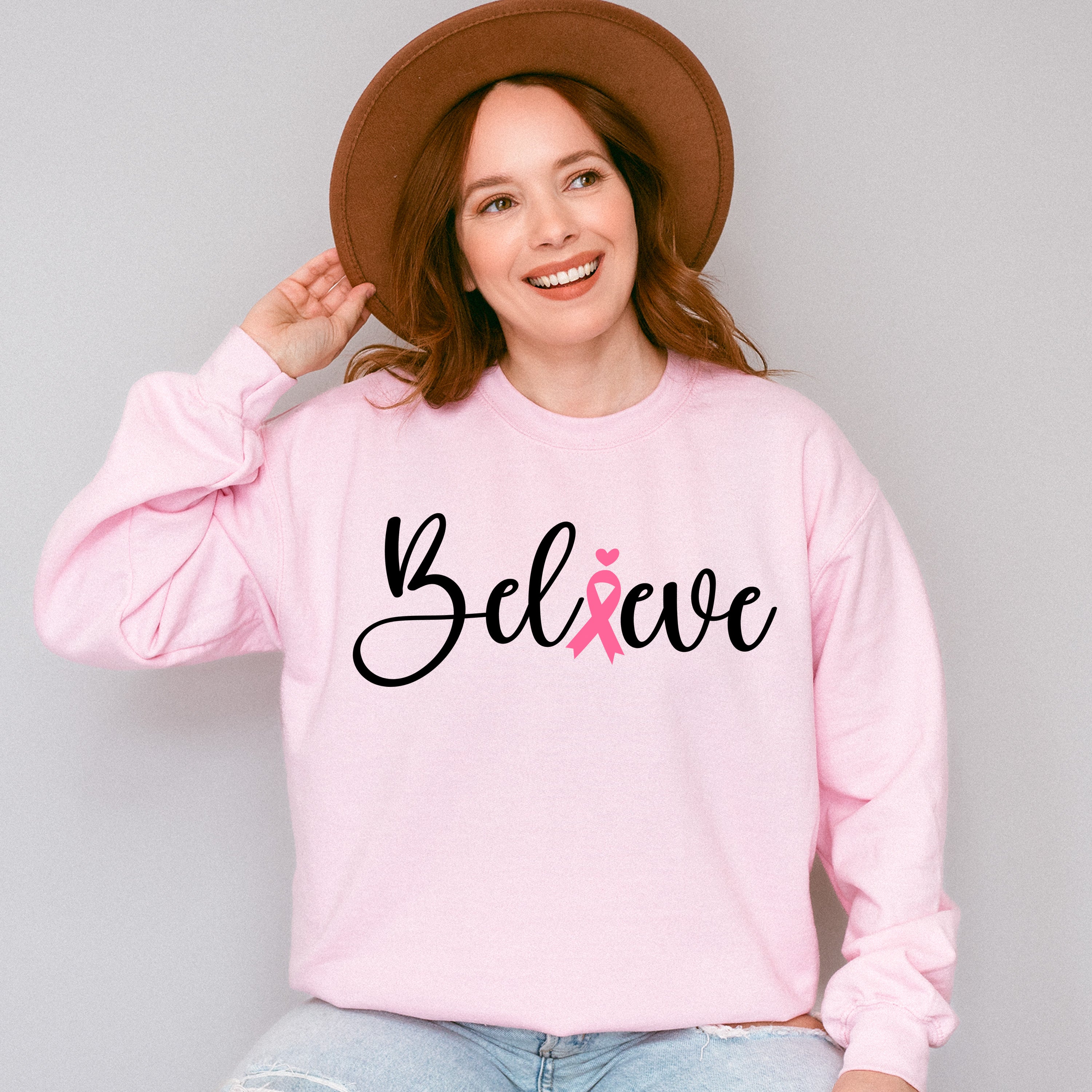 Believe Pink Heart Ribbon - Cancer Unisex Crewneck T-Shirt Sweatshirt Hoodie