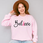 Believe Pink Heart Ribbon - Cancer Unisex Crewneck T-Shirt Sweatshirt Hoodie