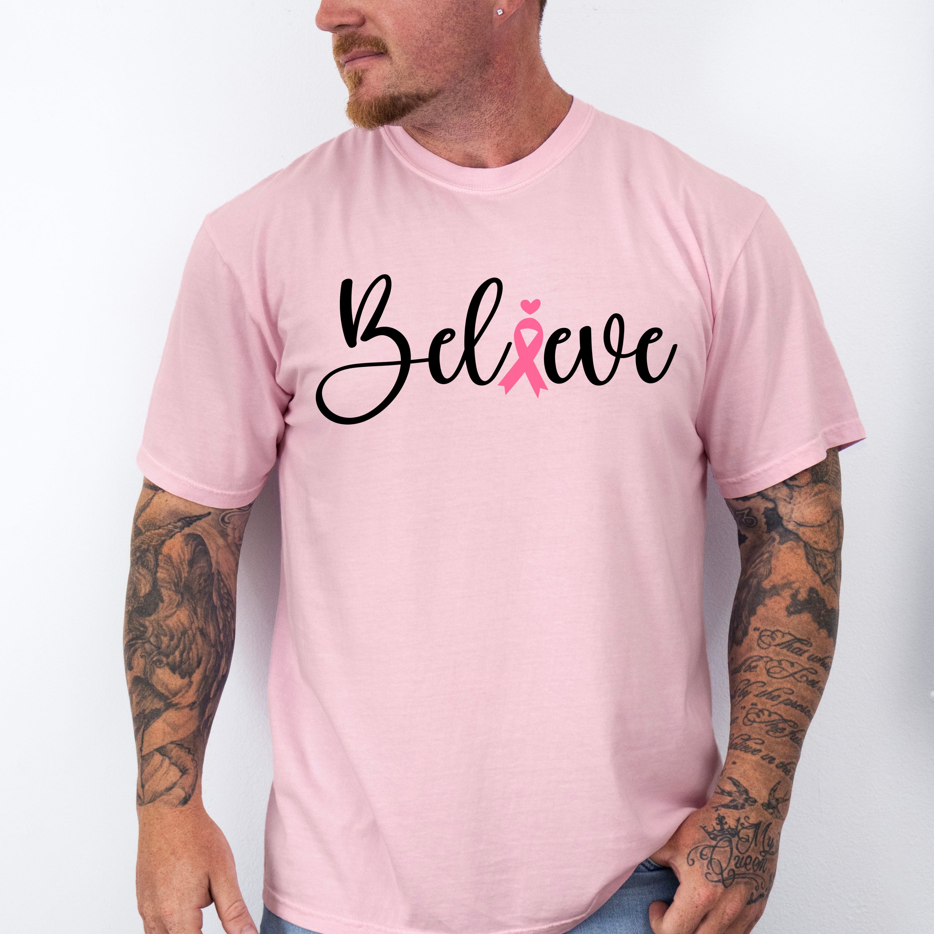 Believe Pink Heart Ribbon - Cancer Unisex Crewneck T-Shirt Sweatshirt Hoodie