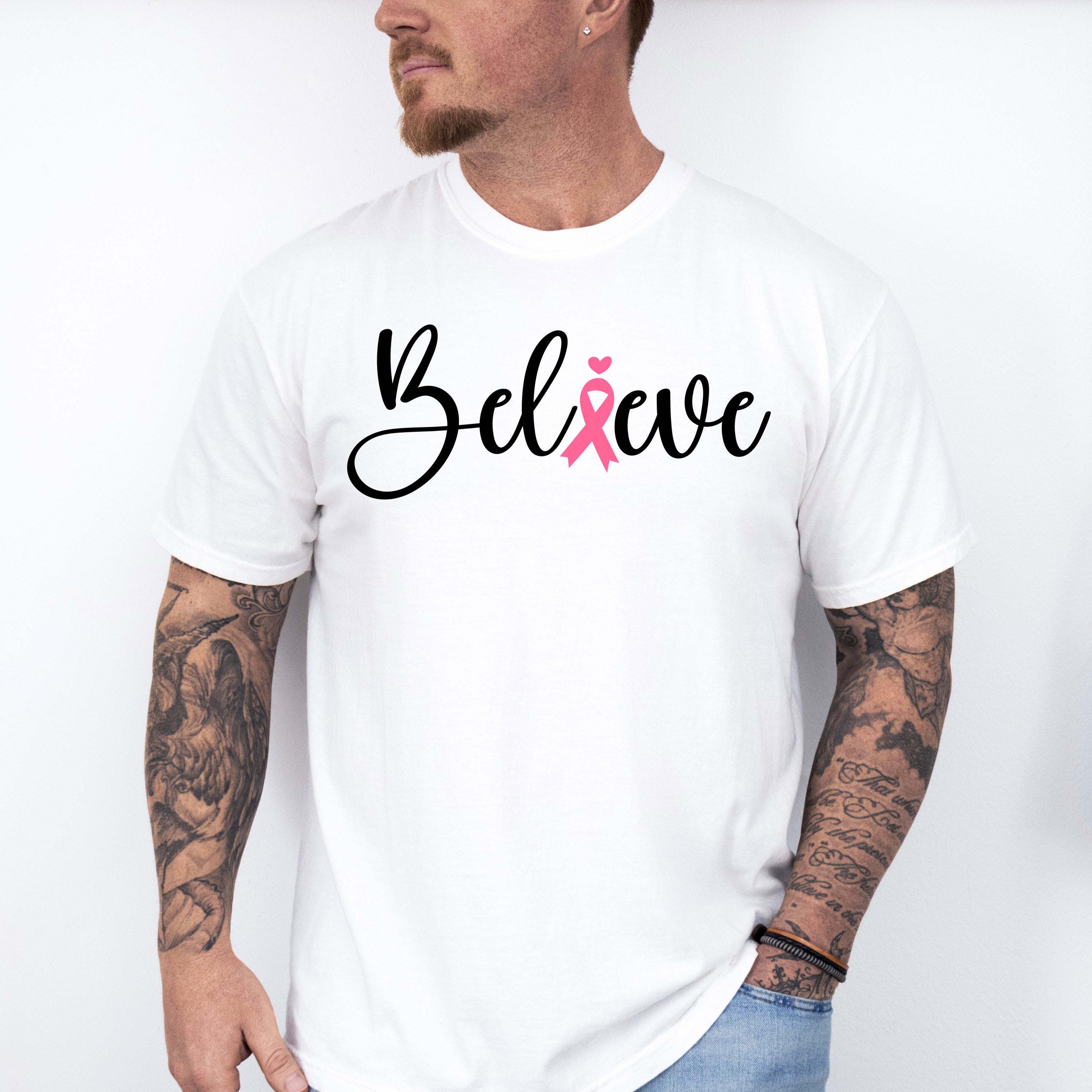 Believe Pink Heart Ribbon - Cancer Unisex Crewneck T-Shirt Sweatshirt Hoodie