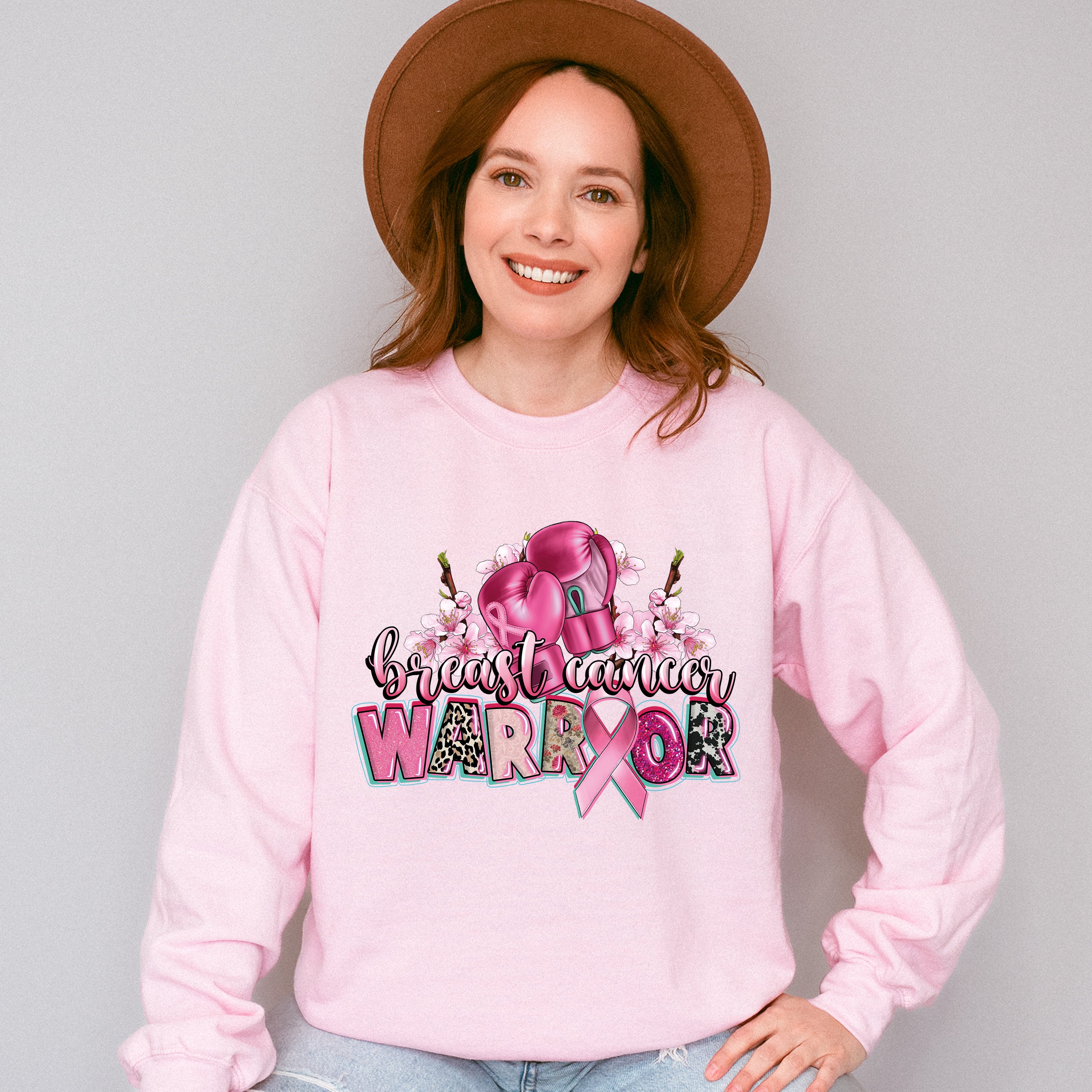Breast Cancer Warrior Boxing Gloves And Flowers - Cancer Unisex Crewneck T-Shirt Sweatshirt Hoodie