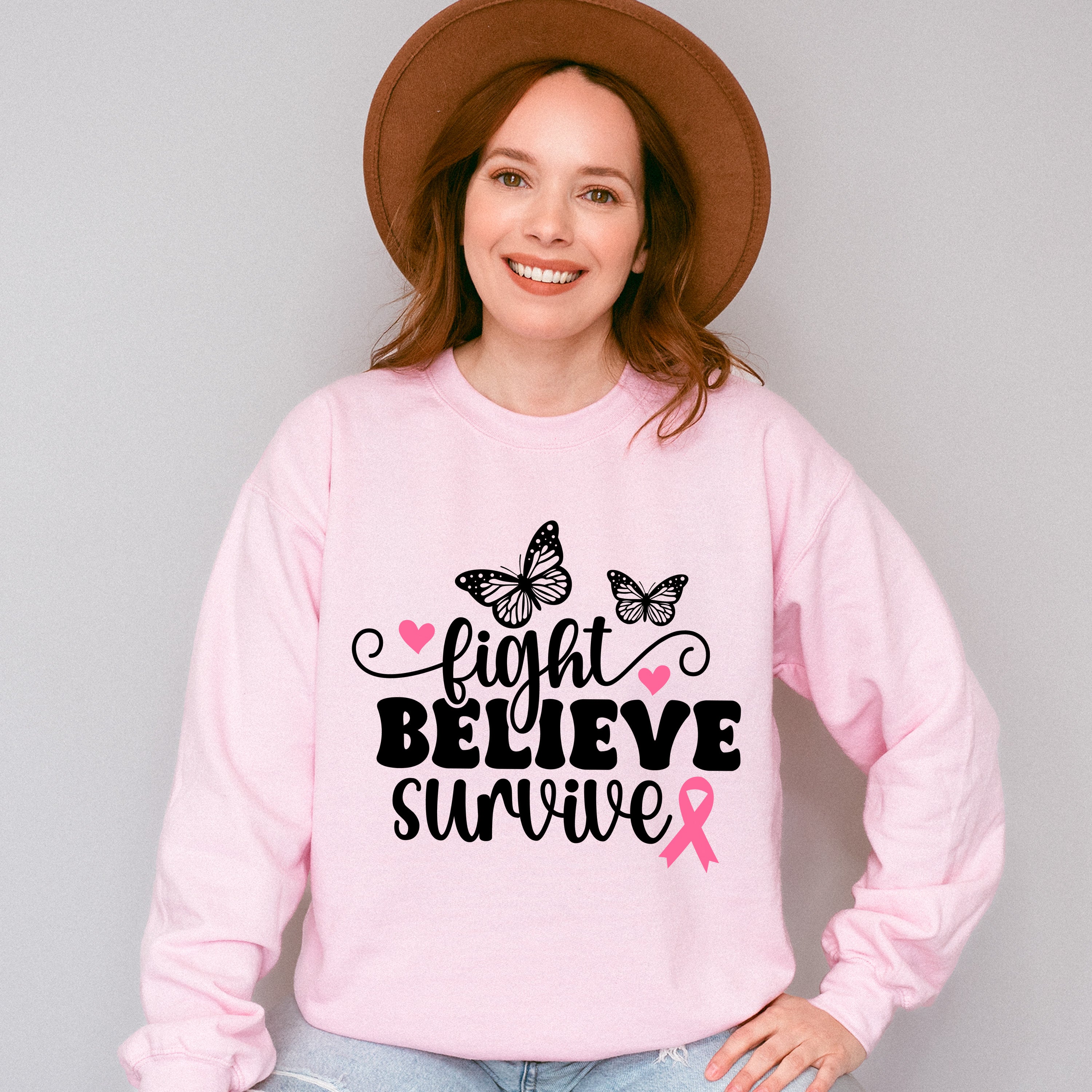 Fight Believe Survive Butterflies - Cancer Unisex Crewneck T-Shirt Sweatshirt Hoodie