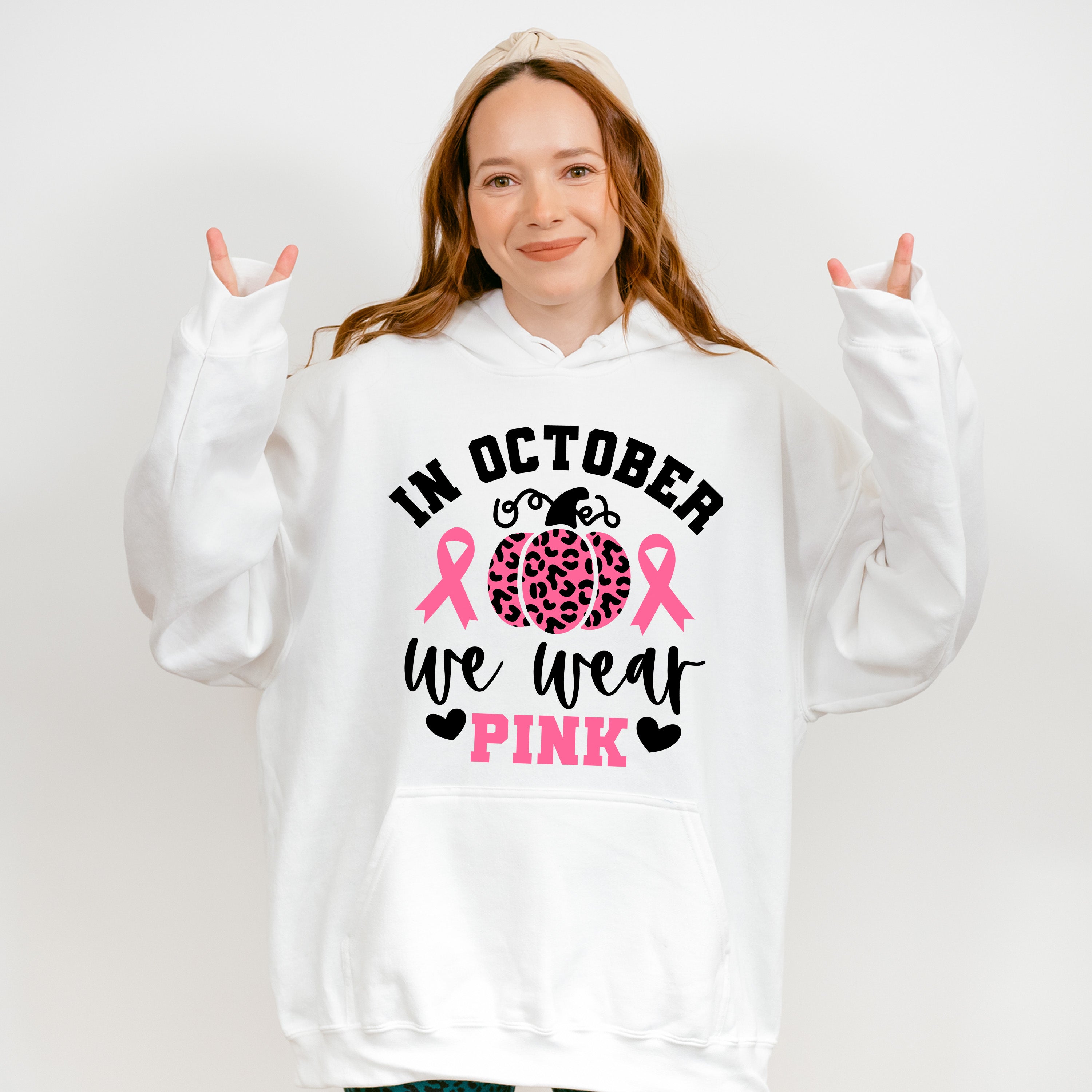 In October We Wear Pink Pumpkin Design - Cancer Unisex Crewneck T-Shirt Sweatshirt Hoodie