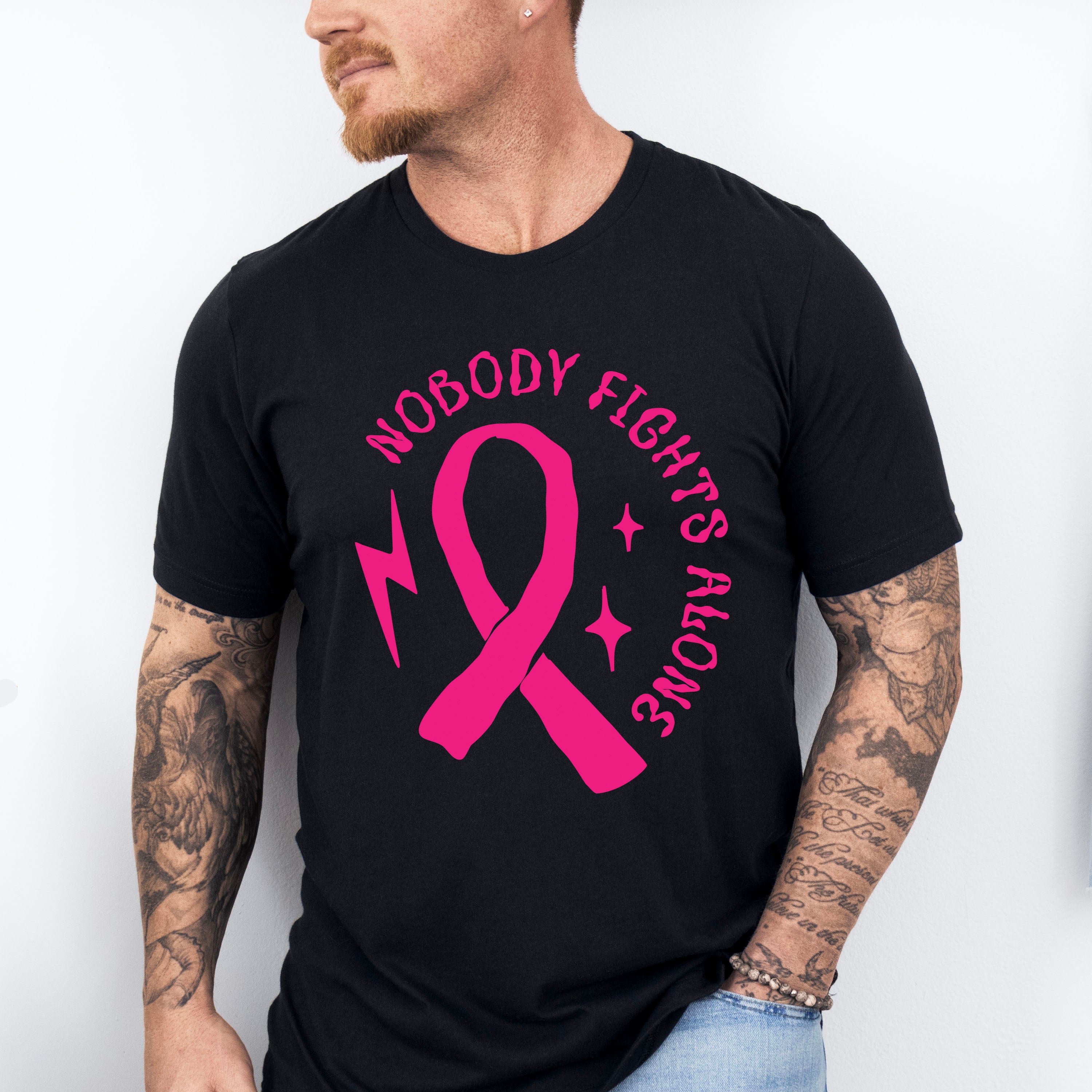 Nobody Fights Alone Ribbon B&amp;W - Cancer Unisex Crewneck T-Shirt Sweatshirt Hoodie