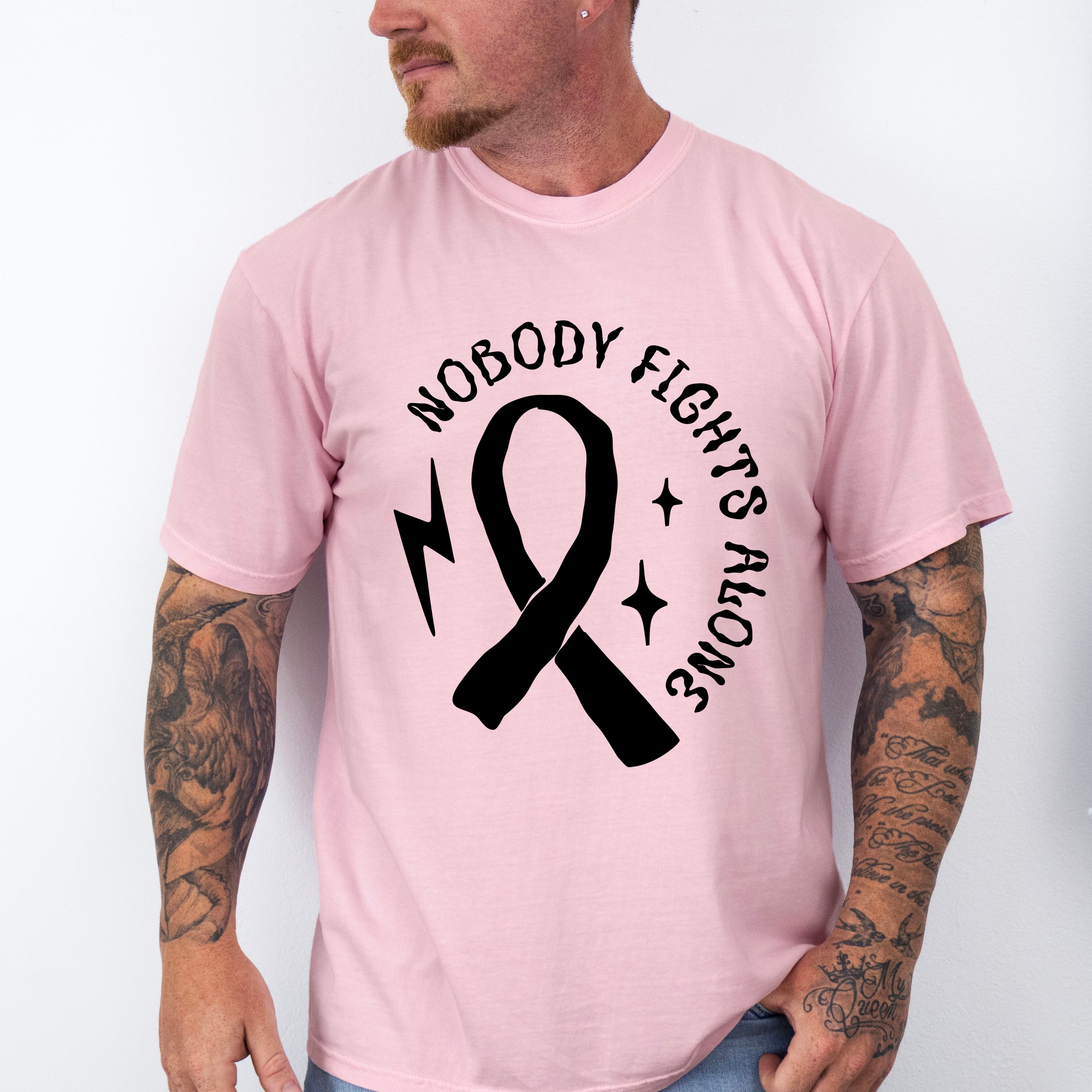 Nobody Fights Alone Ribbon B&amp;W - Cancer Unisex Crewneck T-Shirt Sweatshirt Hoodie