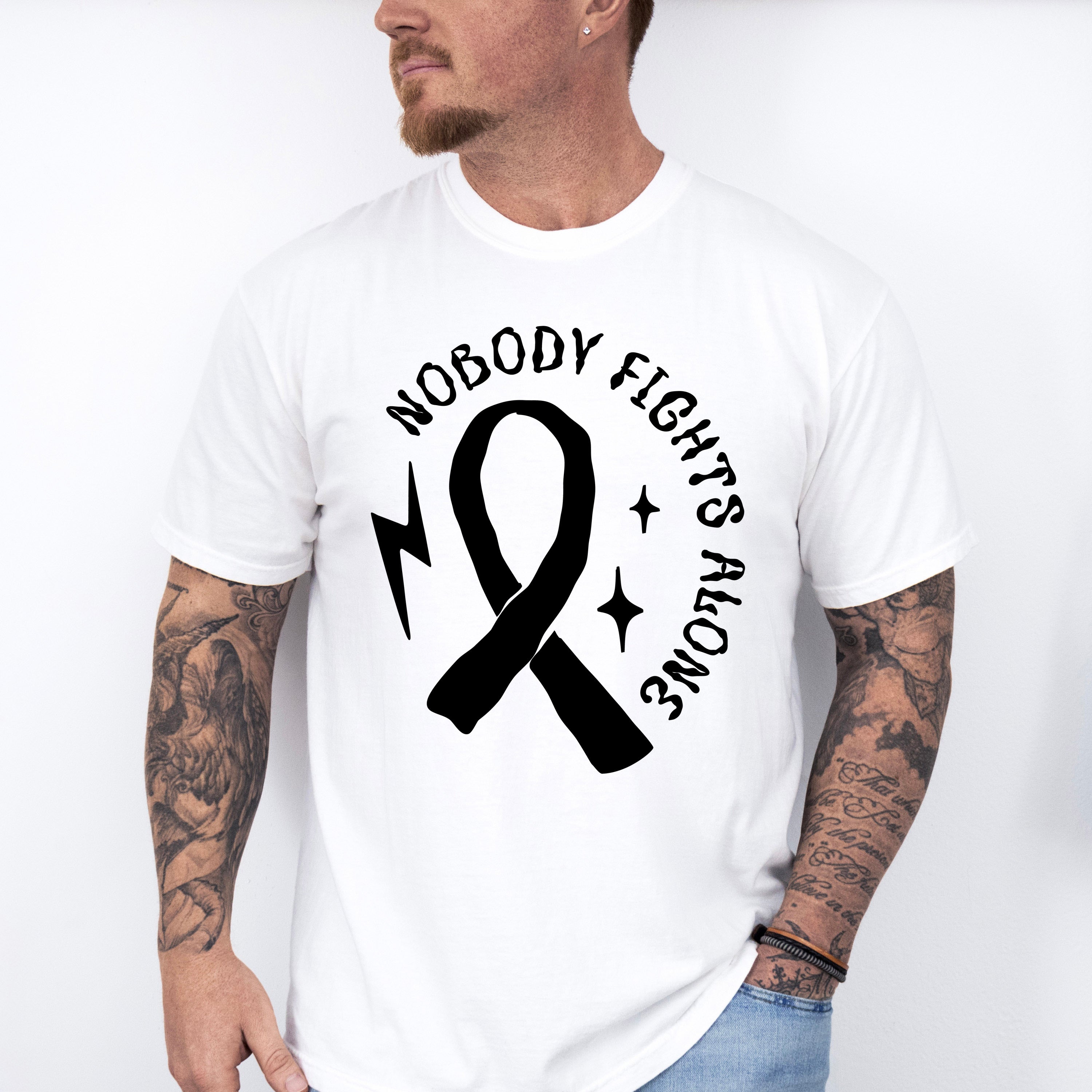 Nobody Fights Alone Ribbon B&amp;W - Cancer Unisex Crewneck T-Shirt Sweatshirt Hoodie