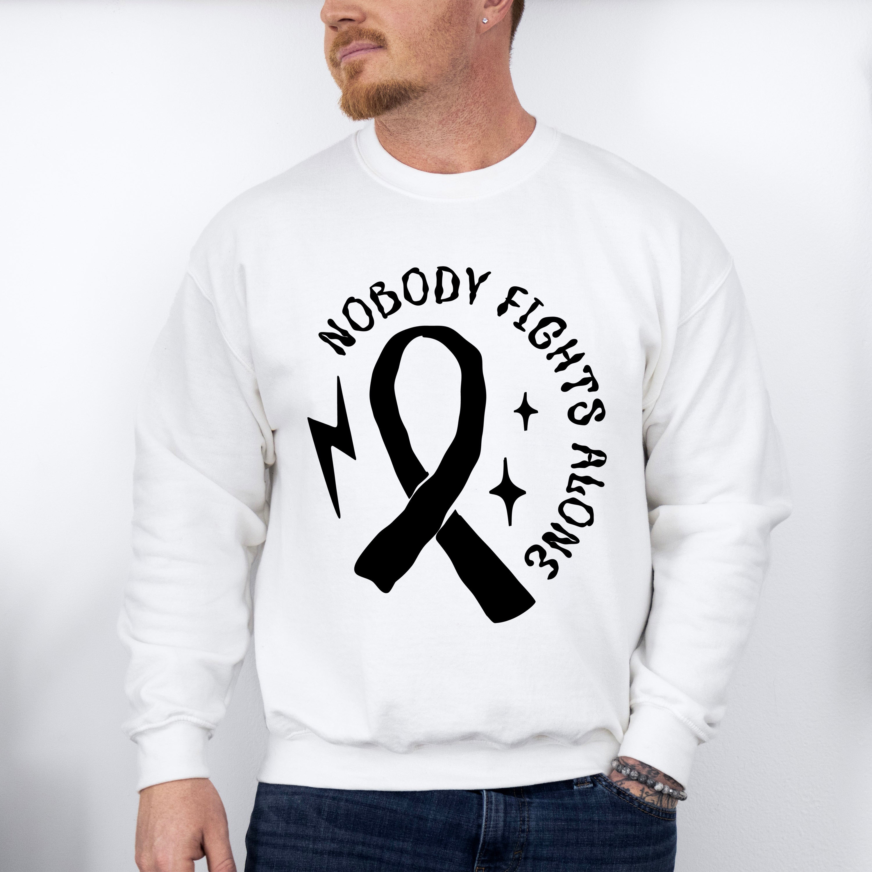 Nobody Fights Alone Ribbon B&amp;W - Cancer Unisex Crewneck T-Shirt Sweatshirt Hoodie