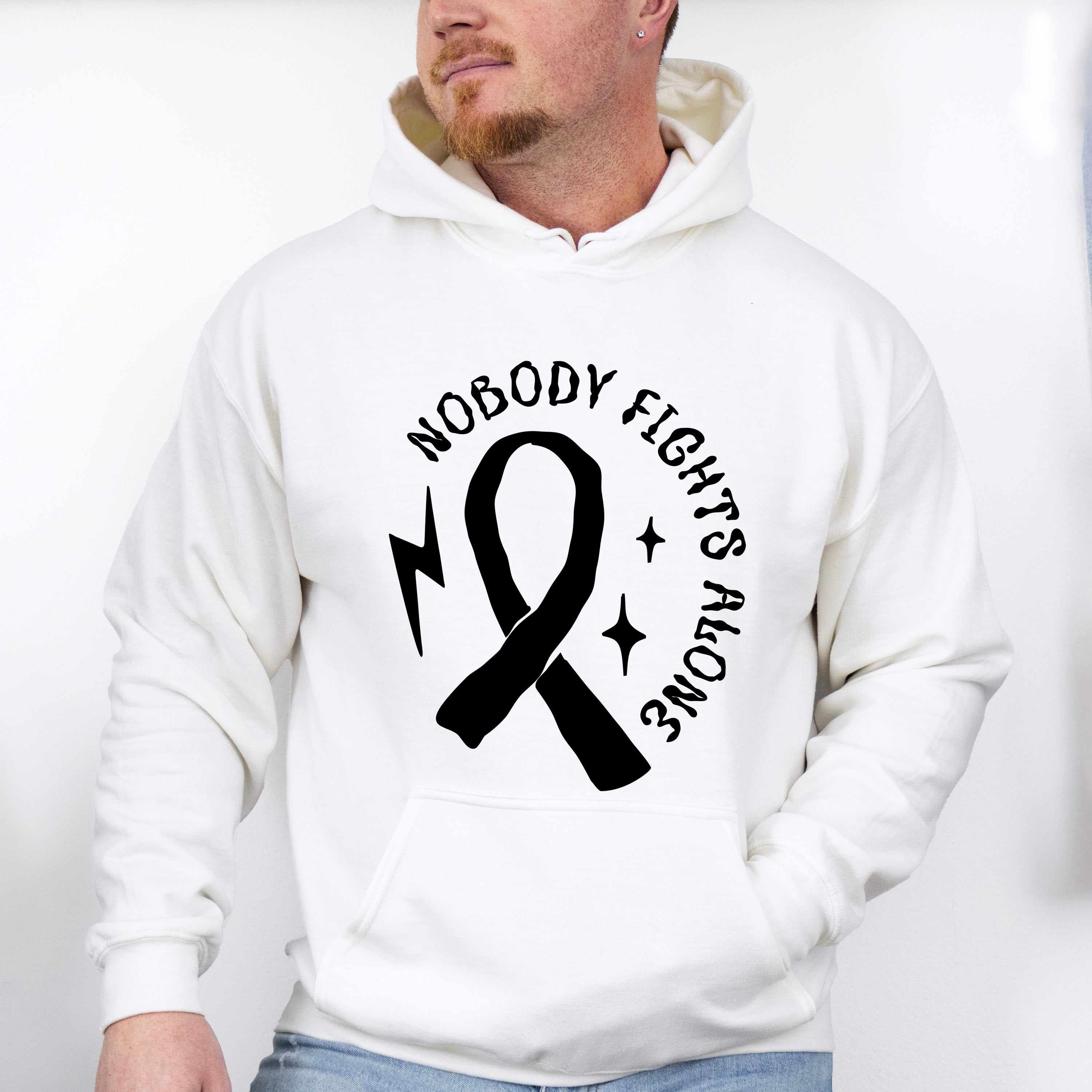 Nobody Fights Alone Ribbon B&amp;W - Cancer Unisex Crewneck T-Shirt Sweatshirt Hoodie