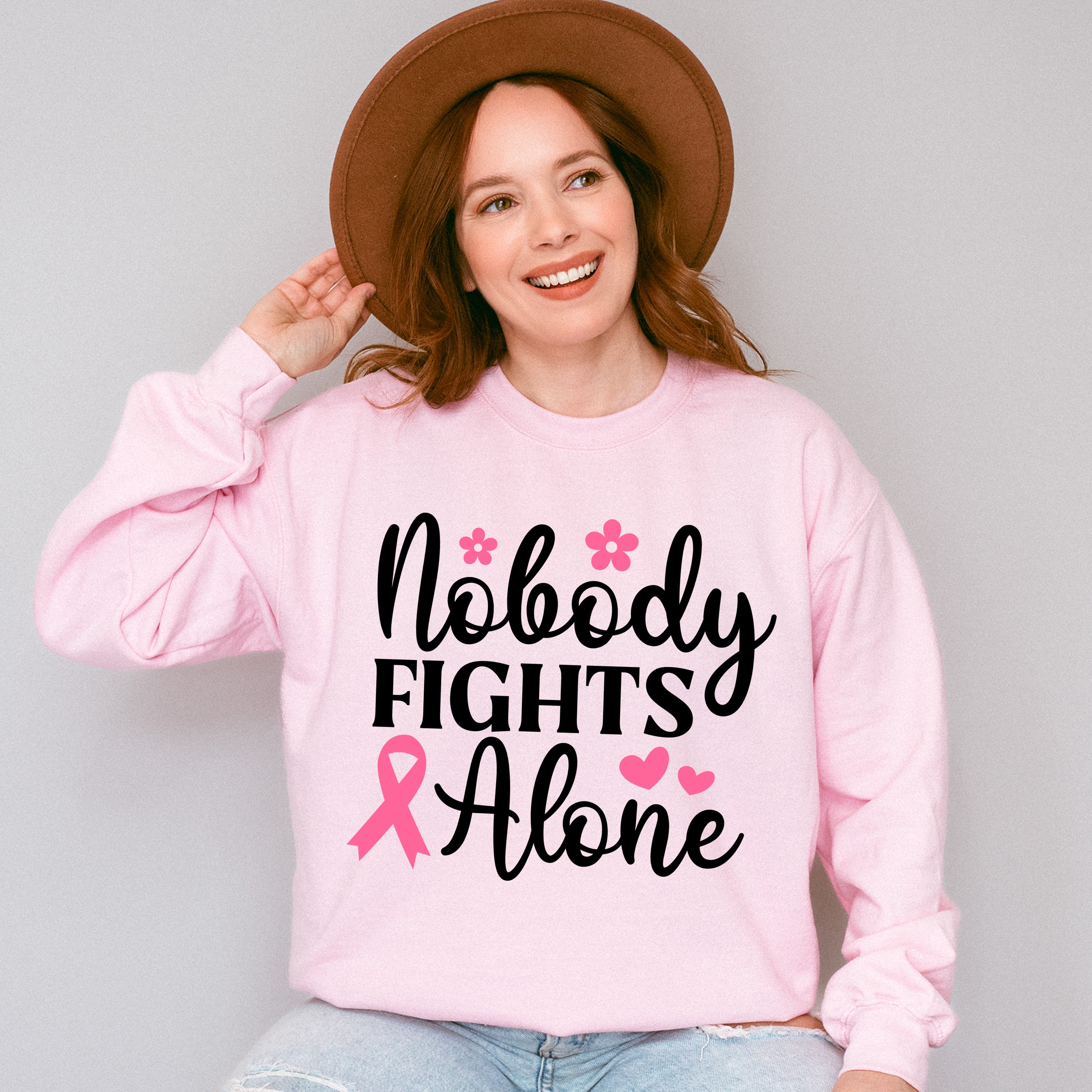 Nobody Fights Alone Pink Flowers - Cancer Unisex Crewneck T-Shirt Sweatshirt Hoodie
