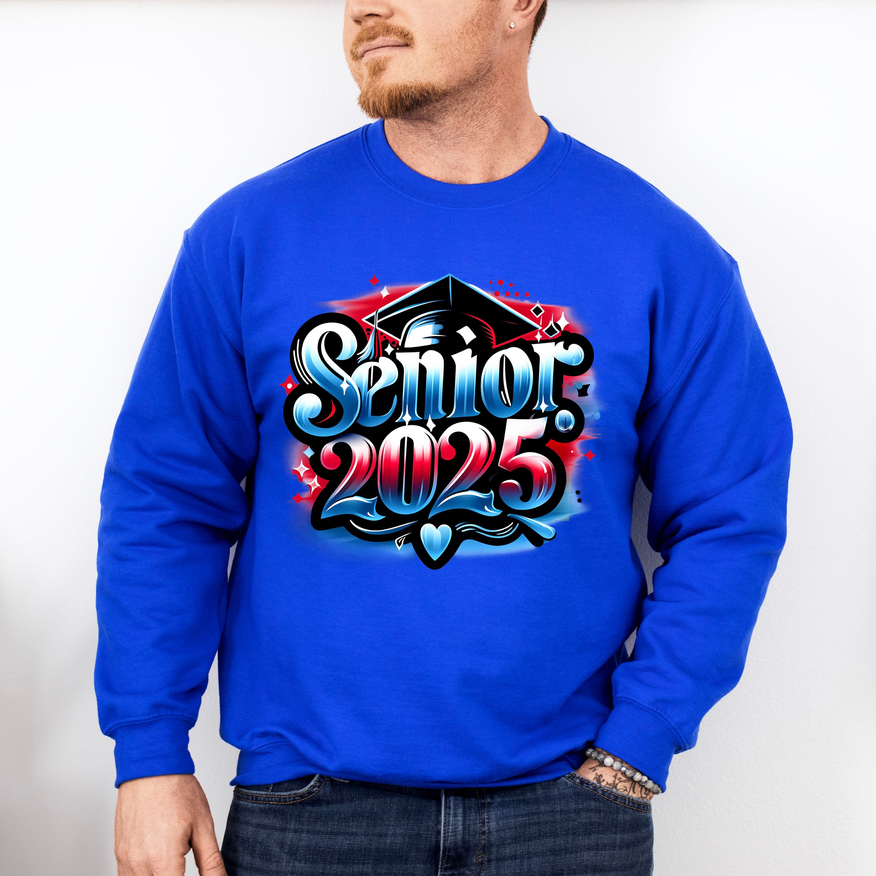 Senior 2025 Red And Blue Design - Graduation Unisex Crewneck T-Shirt Sweatshirt Hoodie