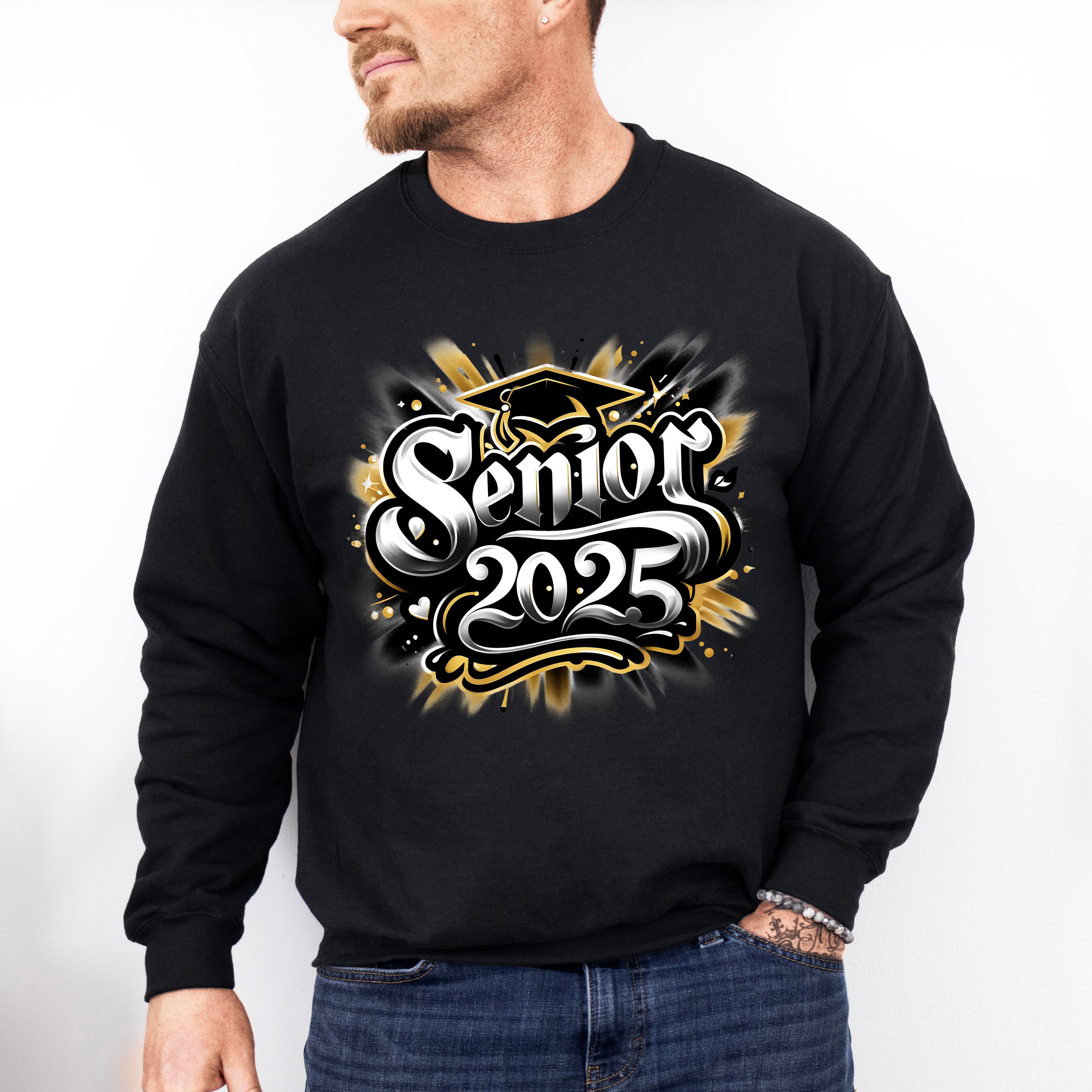 Senior 2025 Black And Yellow - Graduation Unisex Crewneck T-Shirt Sweatshirt Hoodie
