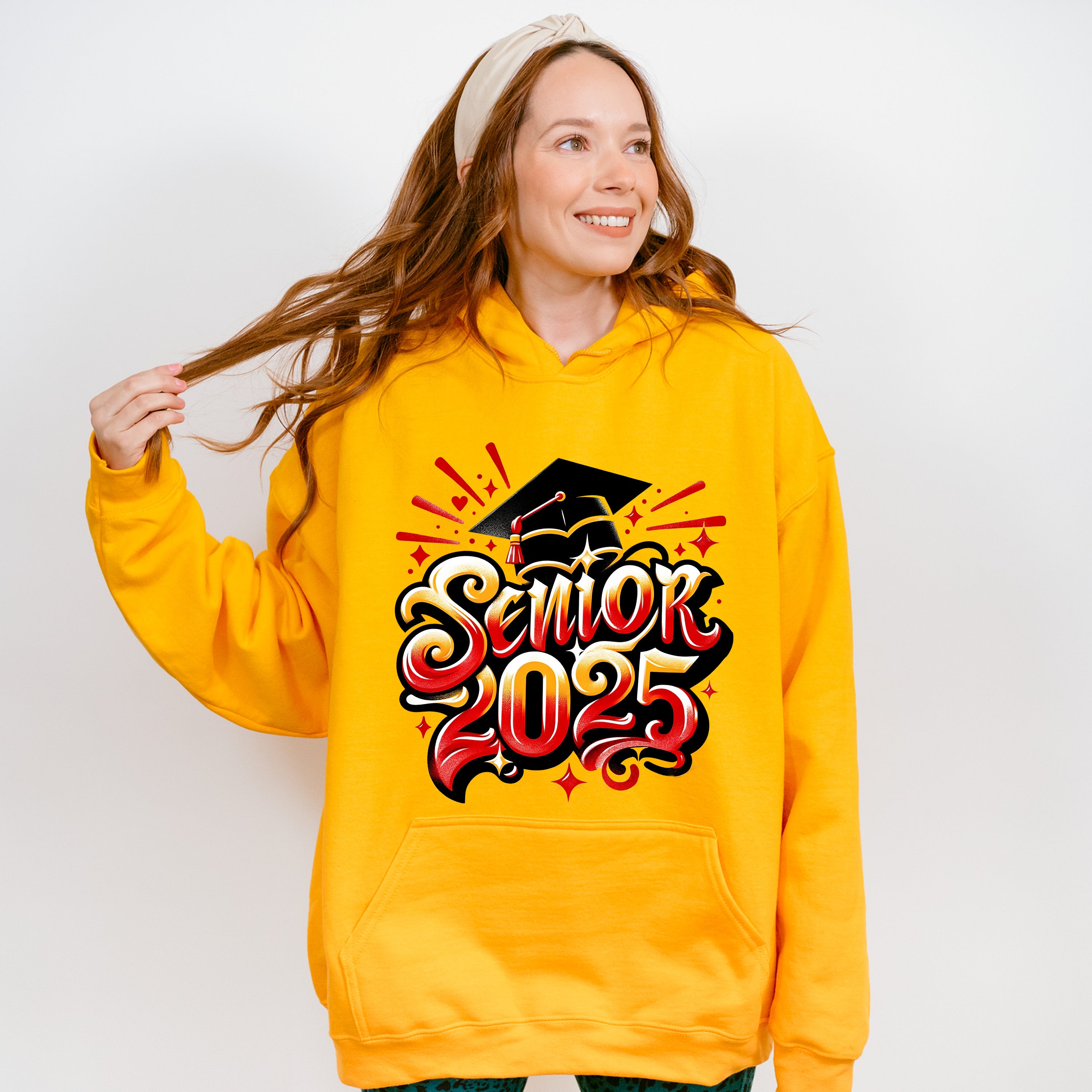 Senior 2025 Yellow And Red Design - Graduation Unisex Crewneck T-Shirt Sweatshirt Hoodie