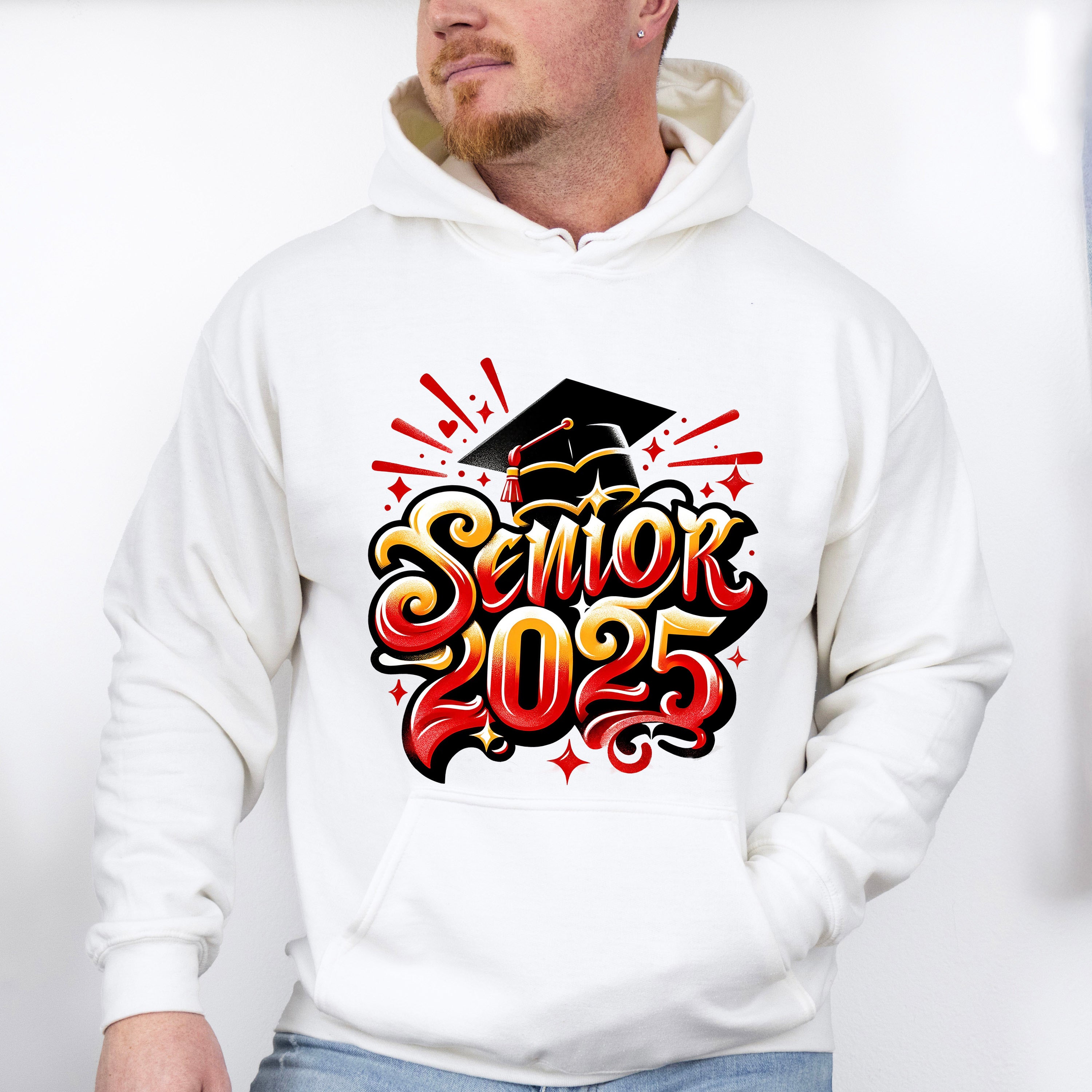 Senior 2025 Yellow And Red Design - Graduation Unisex Crewneck T-Shirt Sweatshirt Hoodie