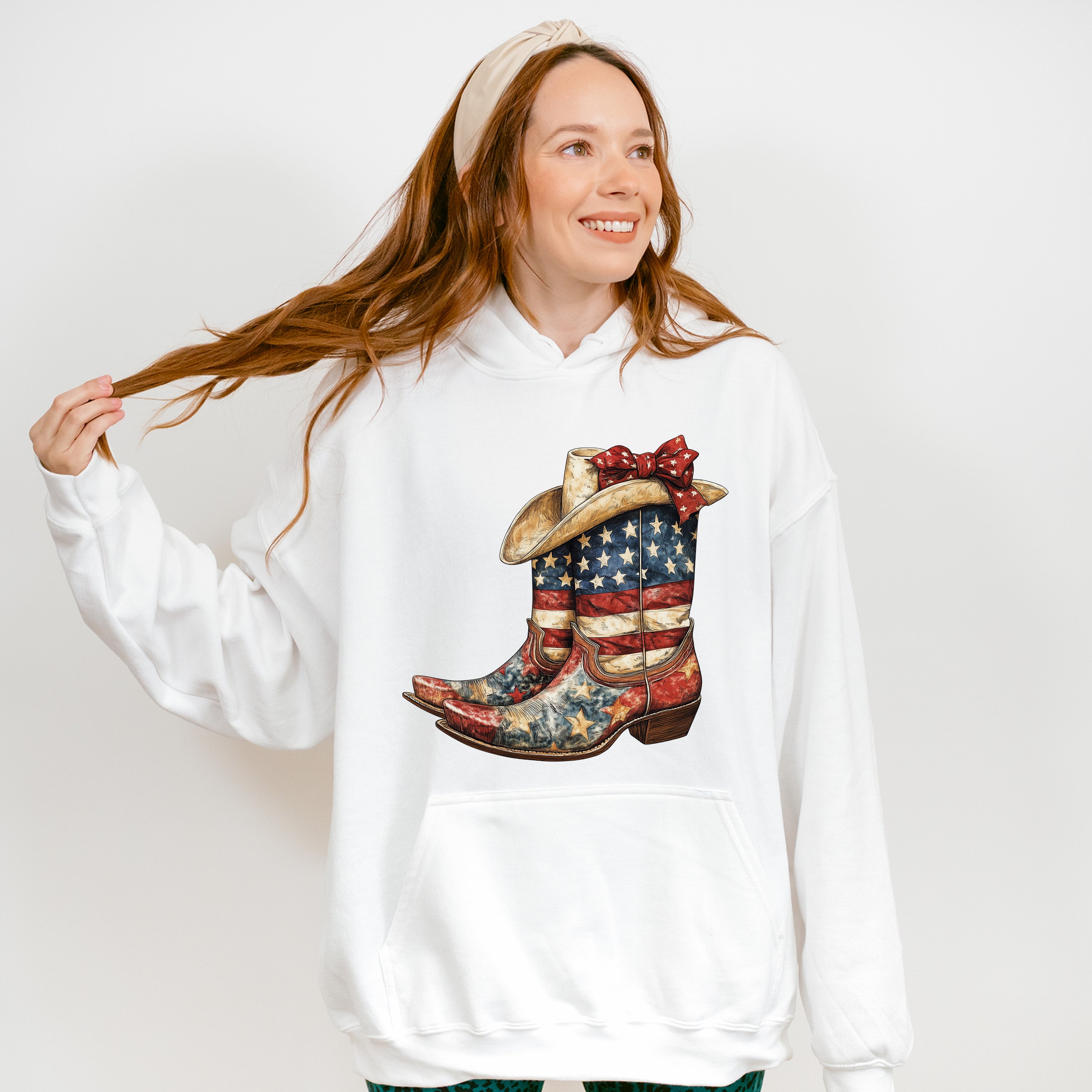 USA Flag Cowboy Boots And Hat - 4th Of July Unisex Crewneck T-Shirt Sweatshirt Hoodie
