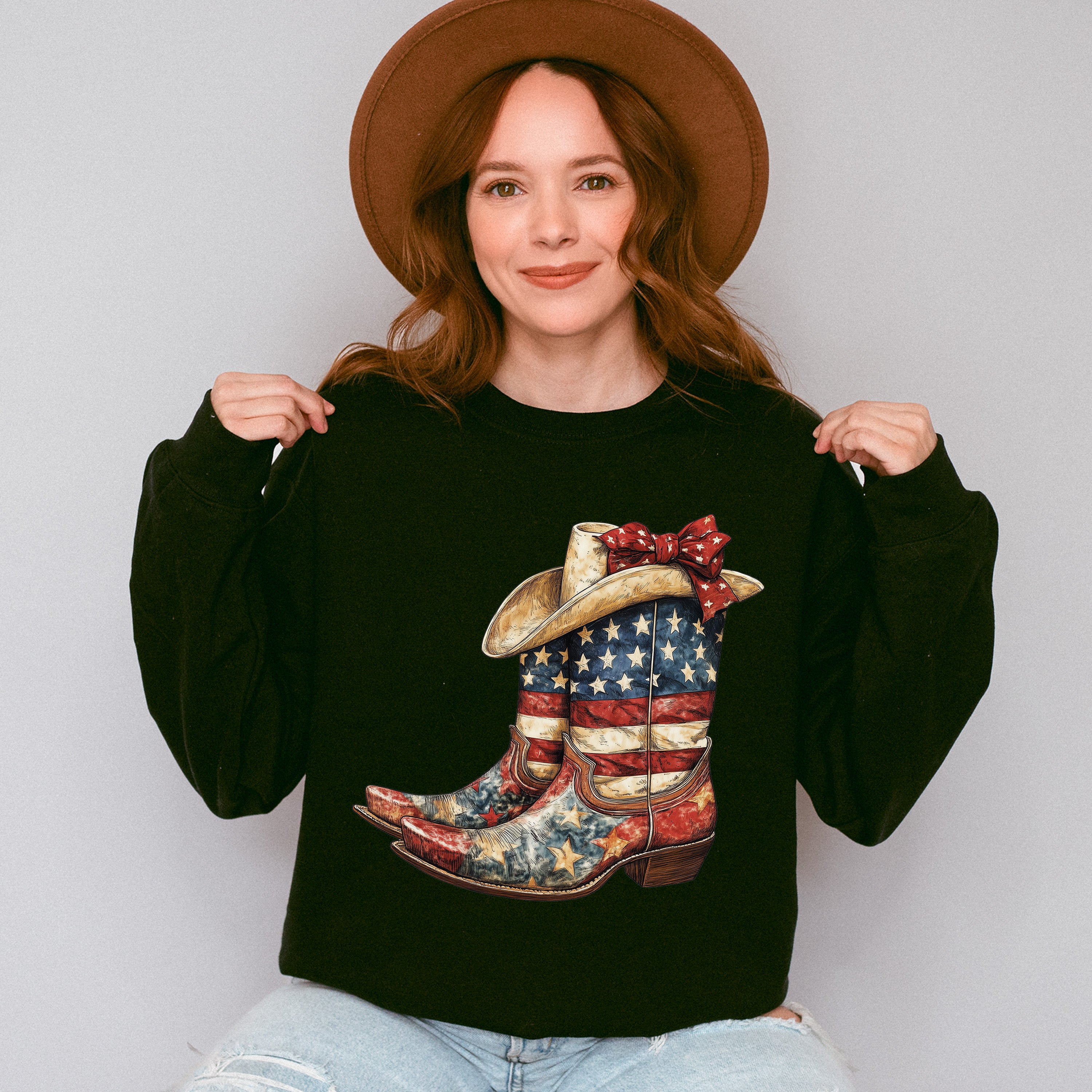 USA Flag Cowboy Boots And Hat - 4th Of July Unisex Crewneck T-Shirt Sweatshirt Hoodie