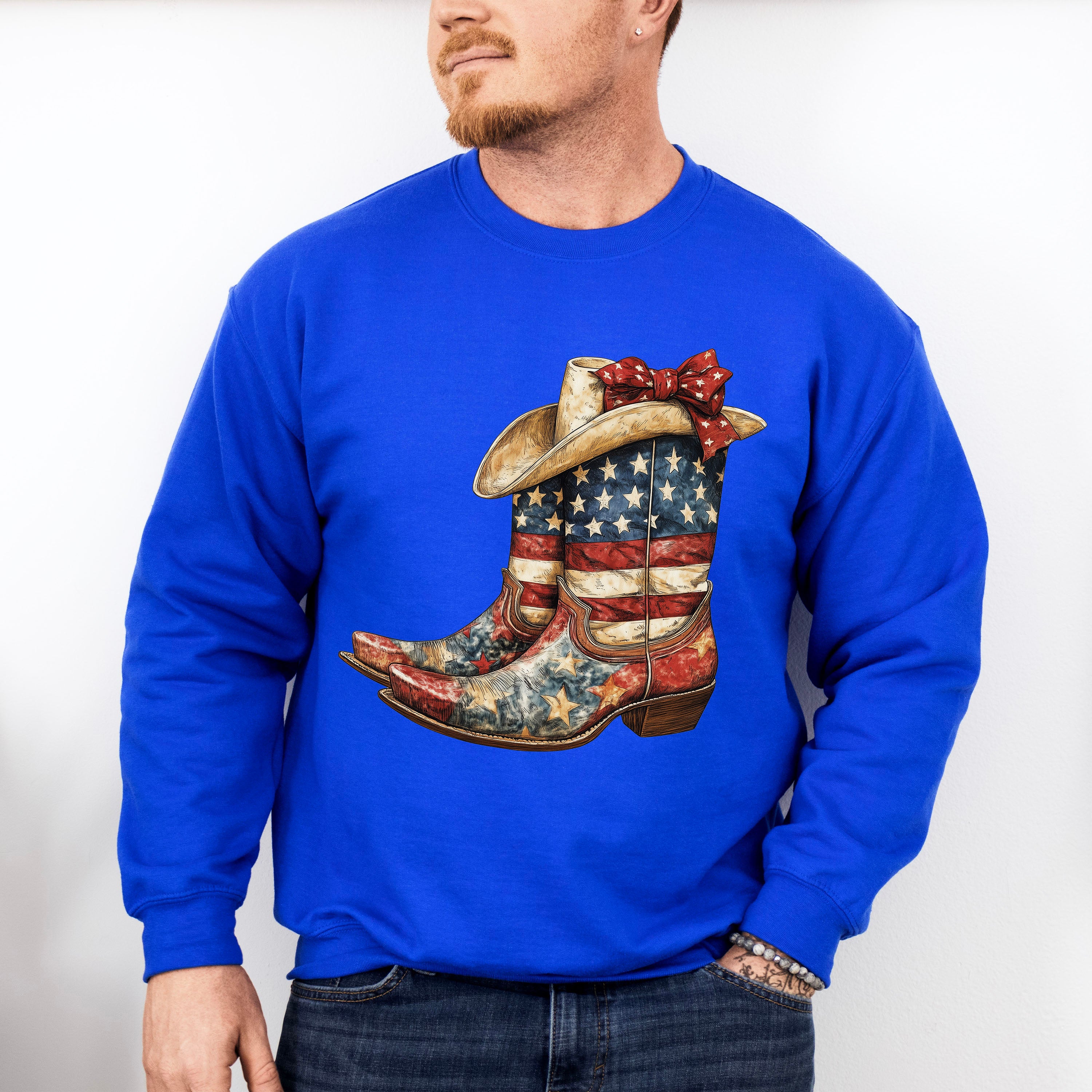 USA Flag Cowboy Boots And Hat - 4th Of July Unisex Crewneck T-Shirt Sweatshirt Hoodie