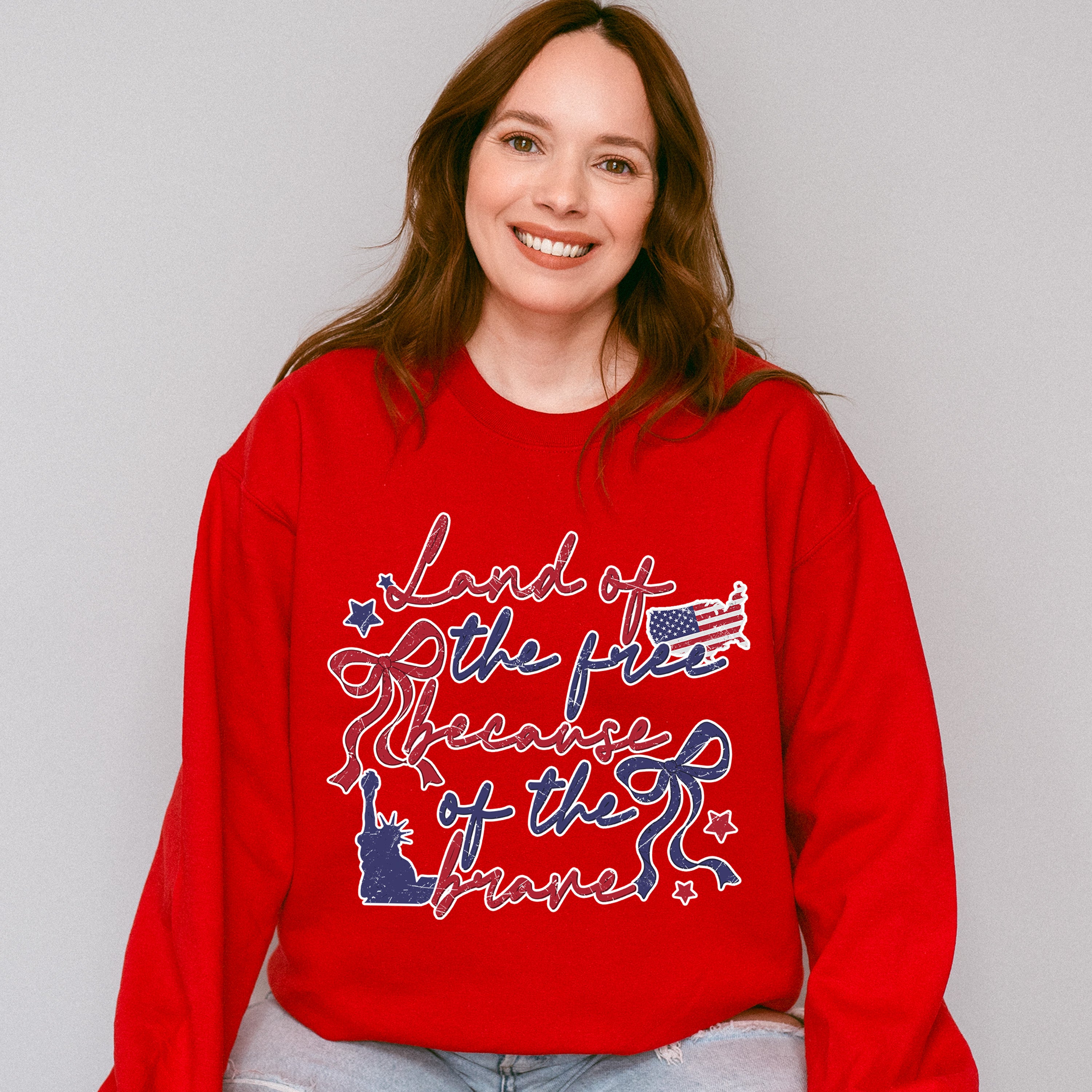 Land Of The Free Because Of The Brave Red &amp; Blue Ribbons - 4th Of July Unisex Crewneck T-Shirt Sweatshirt Hoodie