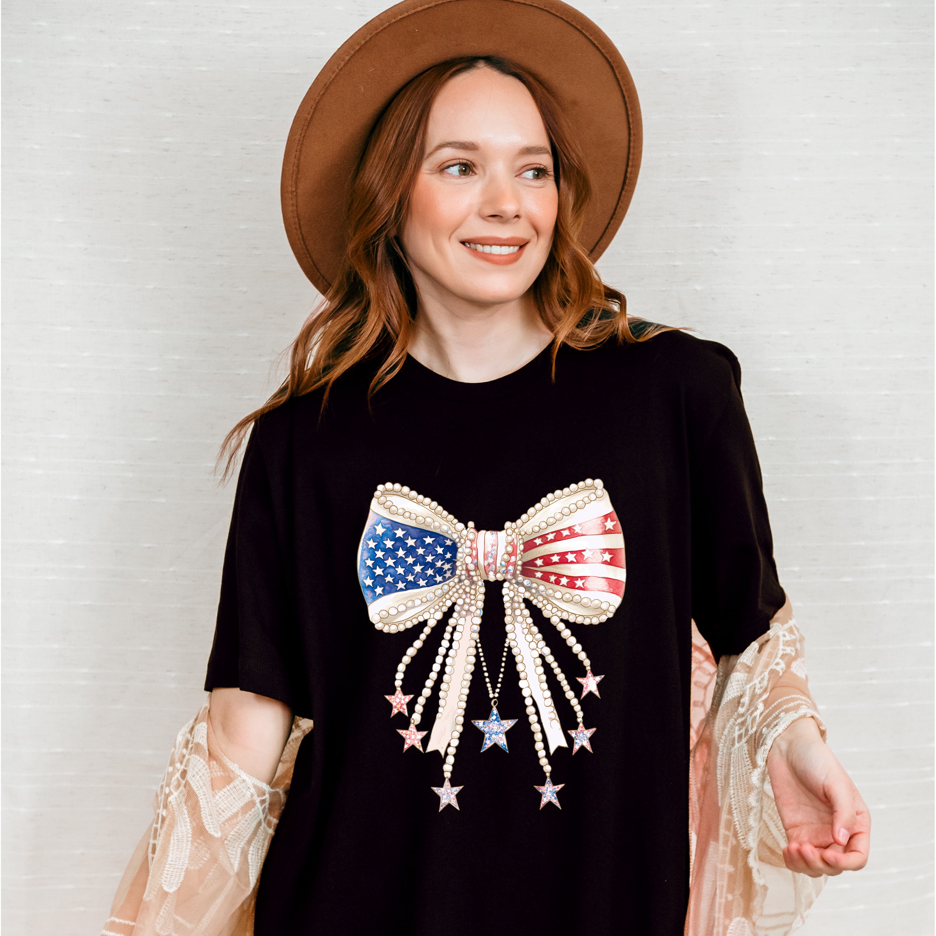 US Flag Ribbon With Pearls - 4th Of July Unisex Crewneck T-Shirt Sweatshirt Hoodie