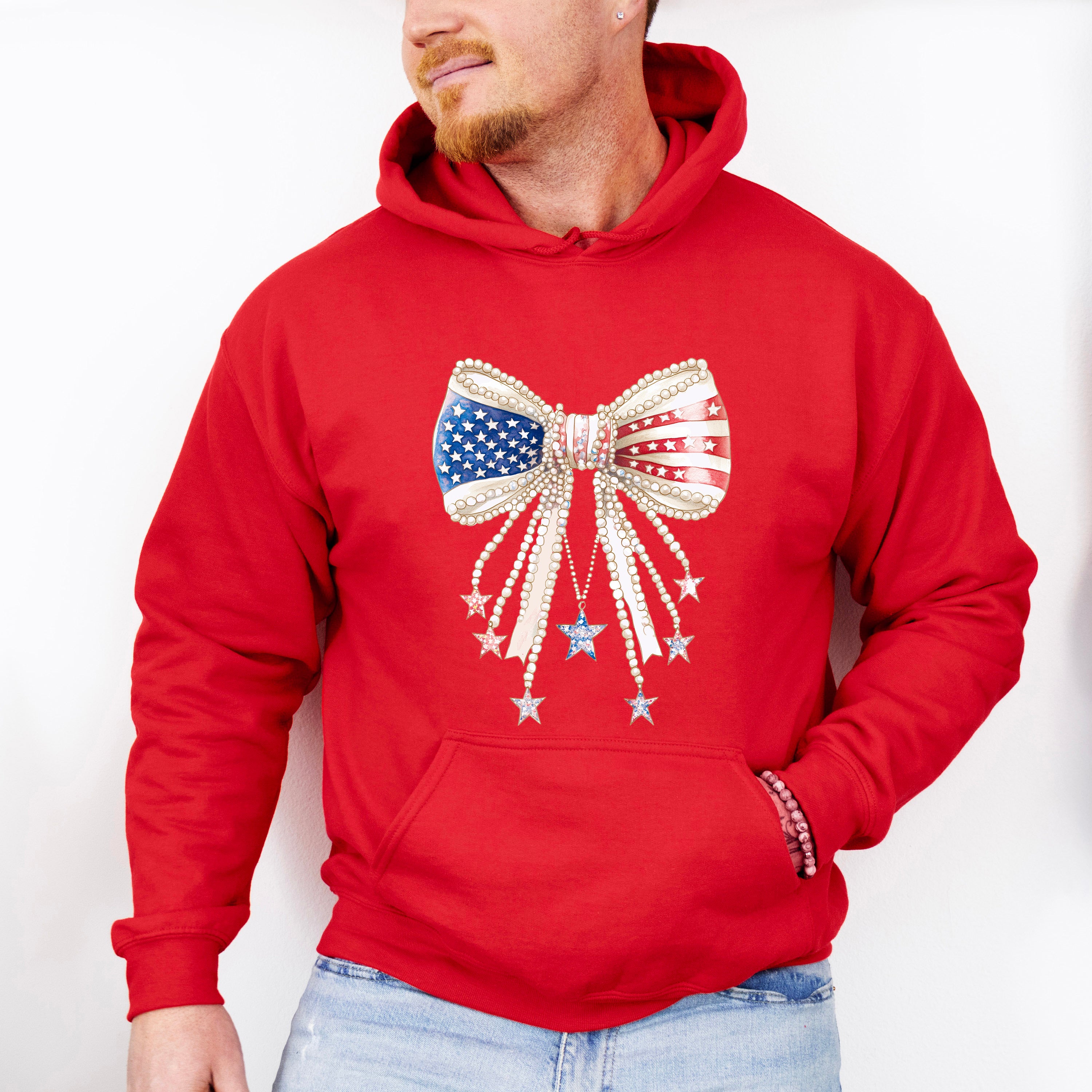 US Flag Ribbon With Pearls - 4th Of July Unisex Crewneck T-Shirt Sweatshirt Hoodie