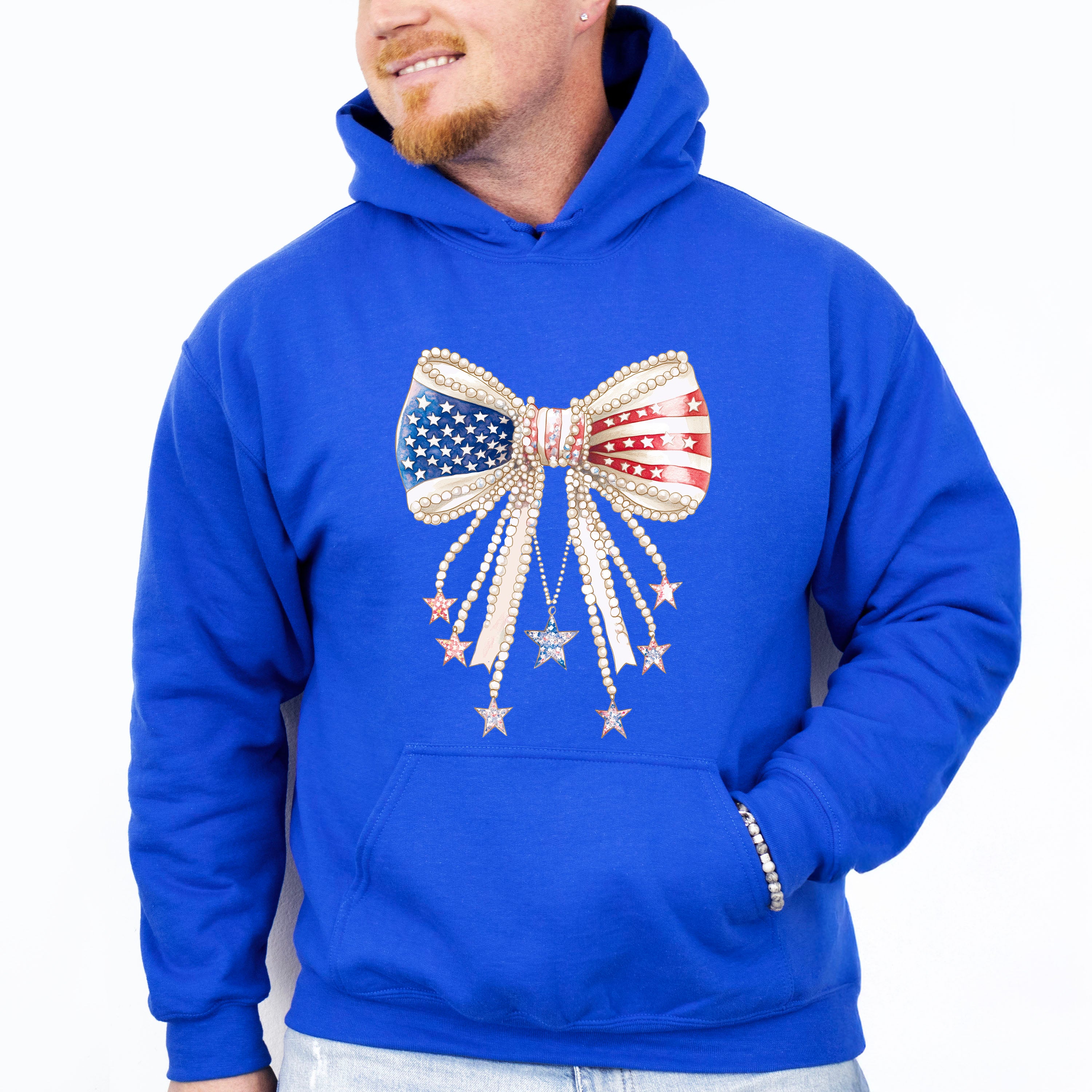 US Flag Ribbon With Pearls - 4th Of July Unisex Crewneck T-Shirt Sweatshirt Hoodie
