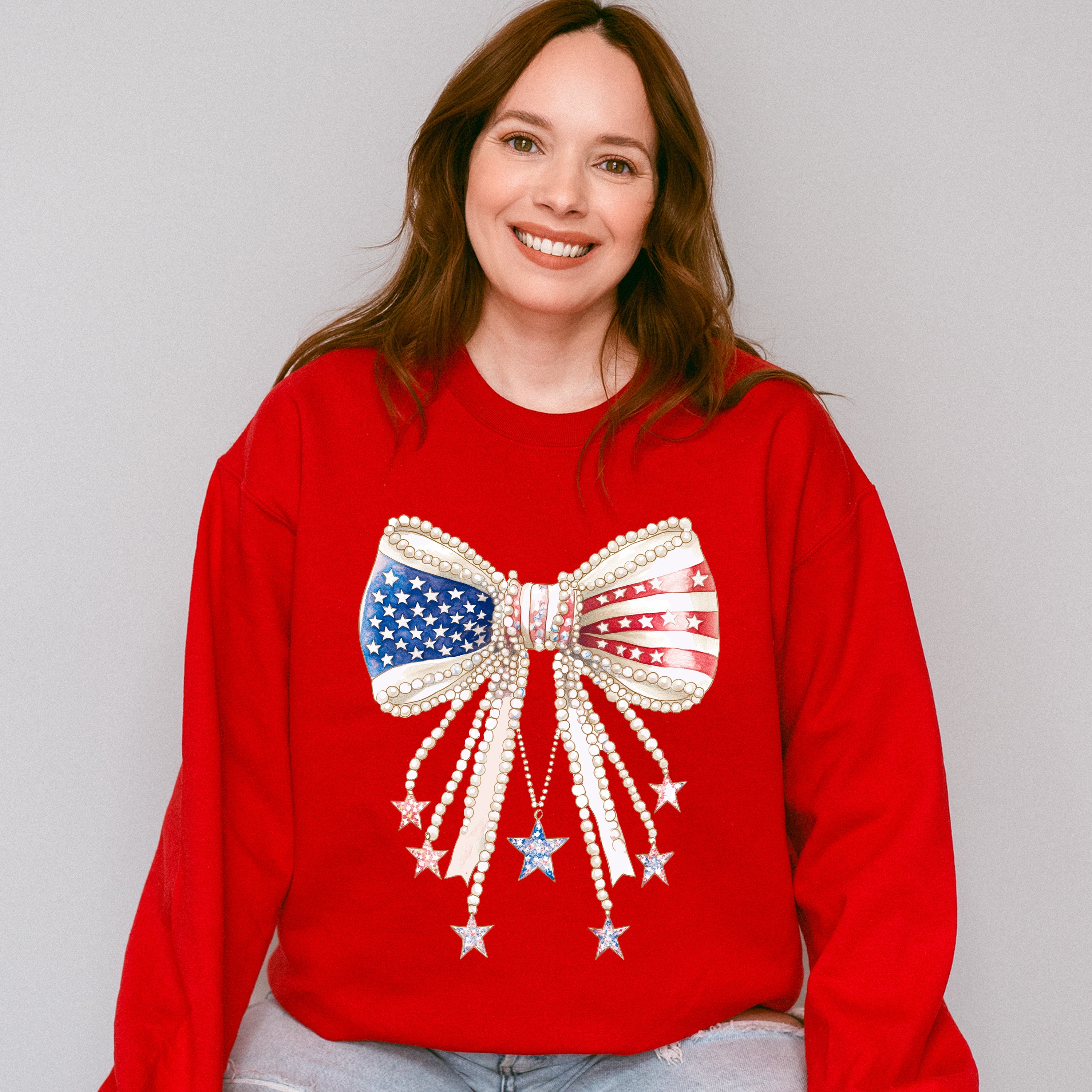 US Flag Ribbon With Pearls - 4th Of July Unisex Crewneck T-Shirt Sweatshirt Hoodie