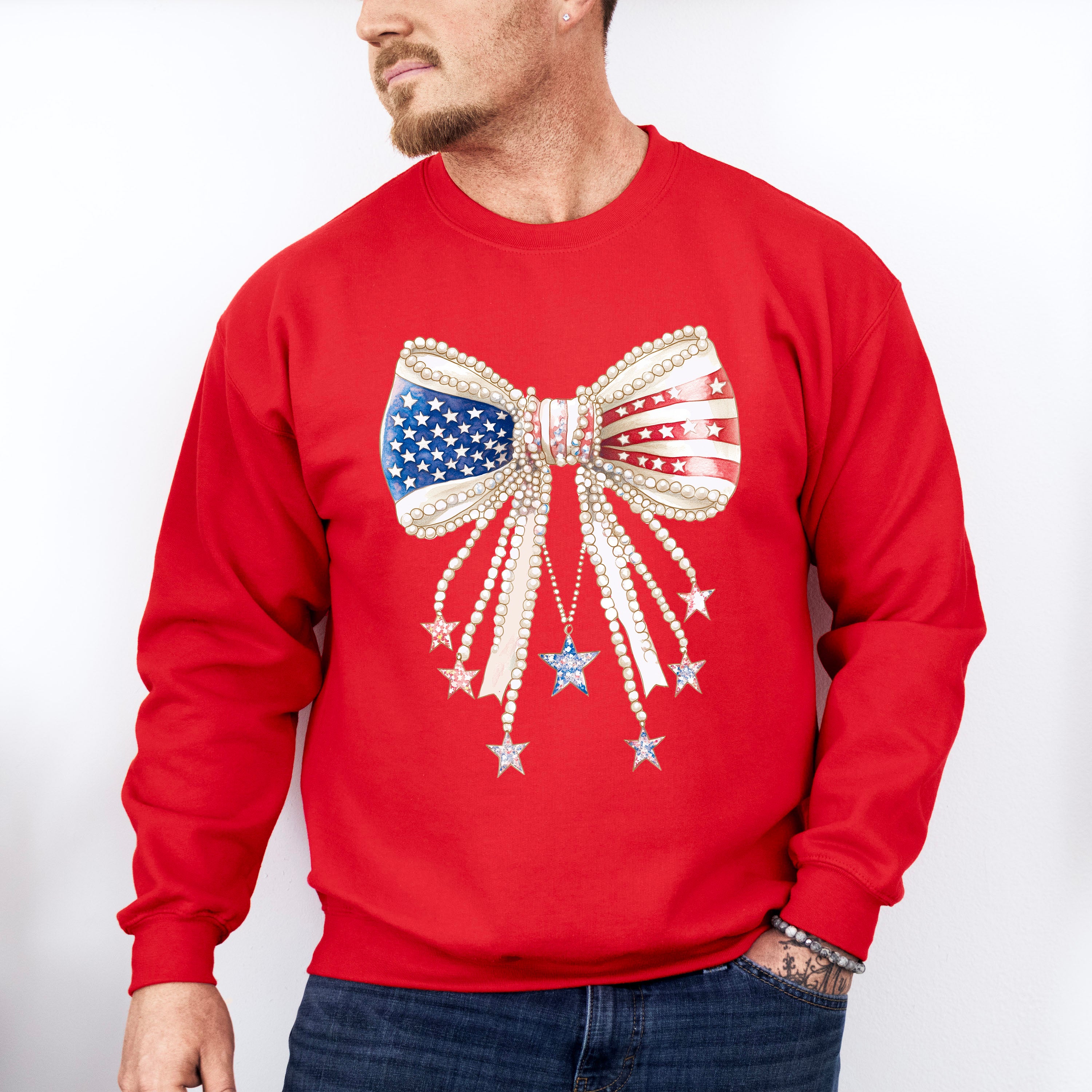 US Flag Ribbon With Pearls - 4th Of July Unisex Crewneck T-Shirt Sweatshirt Hoodie