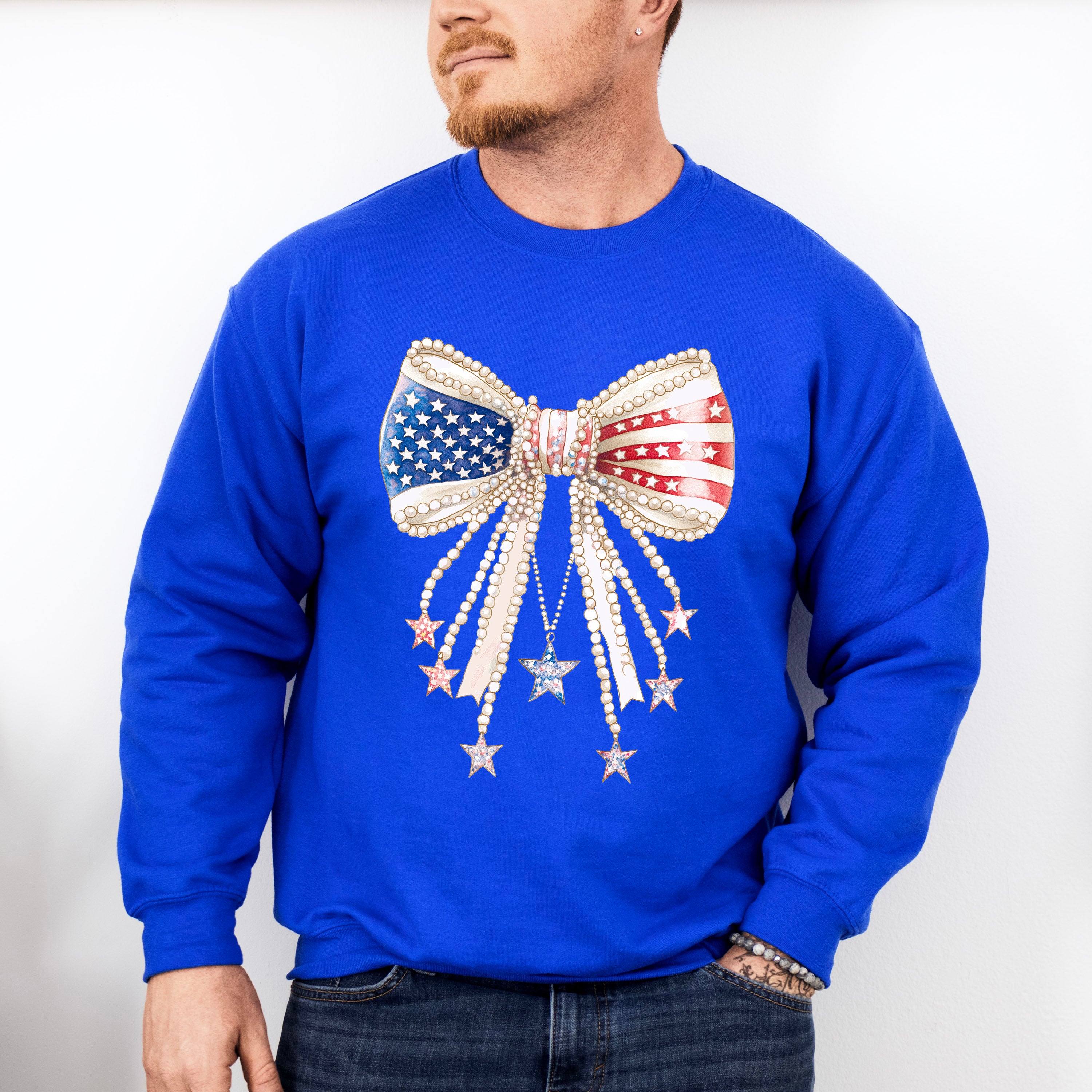 US Flag Ribbon With Pearls - 4th Of July Unisex Crewneck T-Shirt Sweatshirt Hoodie