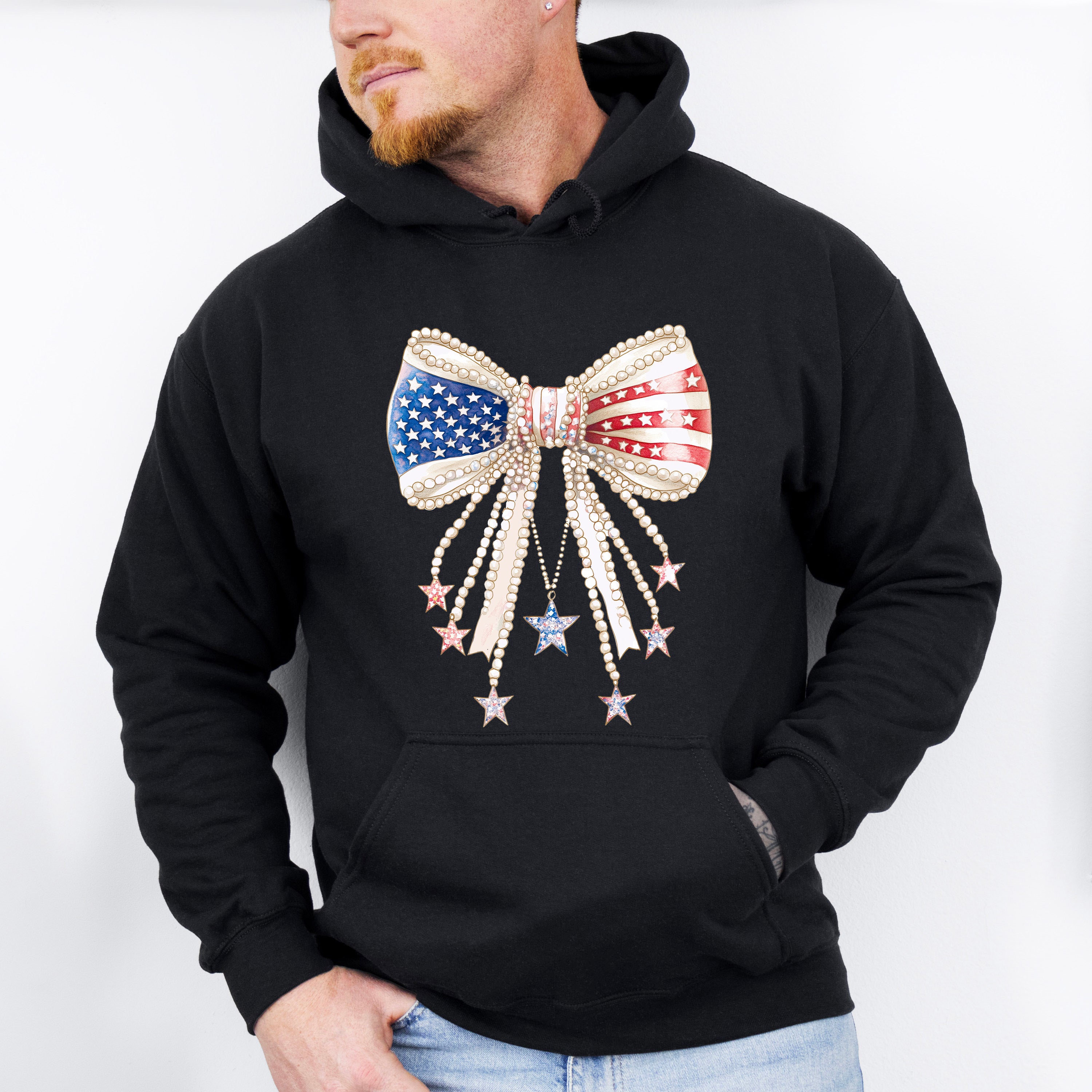 US Flag Ribbon With Pearls - 4th Of July Unisex Crewneck T-Shirt Sweatshirt Hoodie