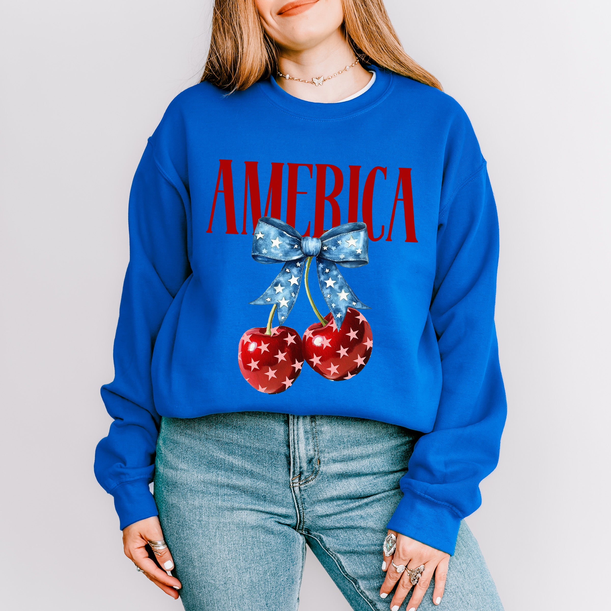 America Cherries Blue Ribbon - 4th Of July Unisex Crewneck T-Shirt Sweatshirt Hoodie