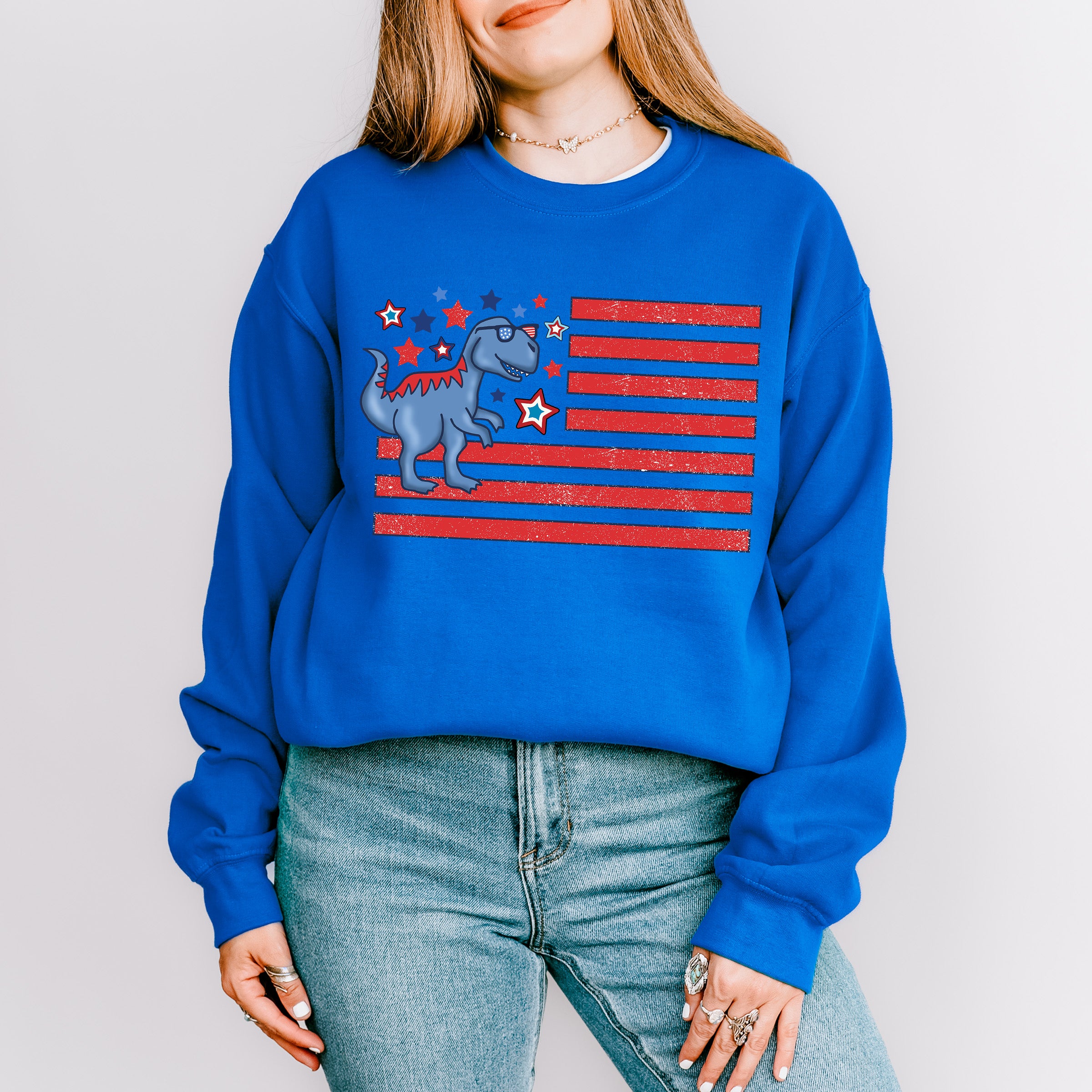 Blue Dinosaur US Flag Red Design - 4th Of July Unisex Crewneck T-Shirt Sweatshirt Hoodie