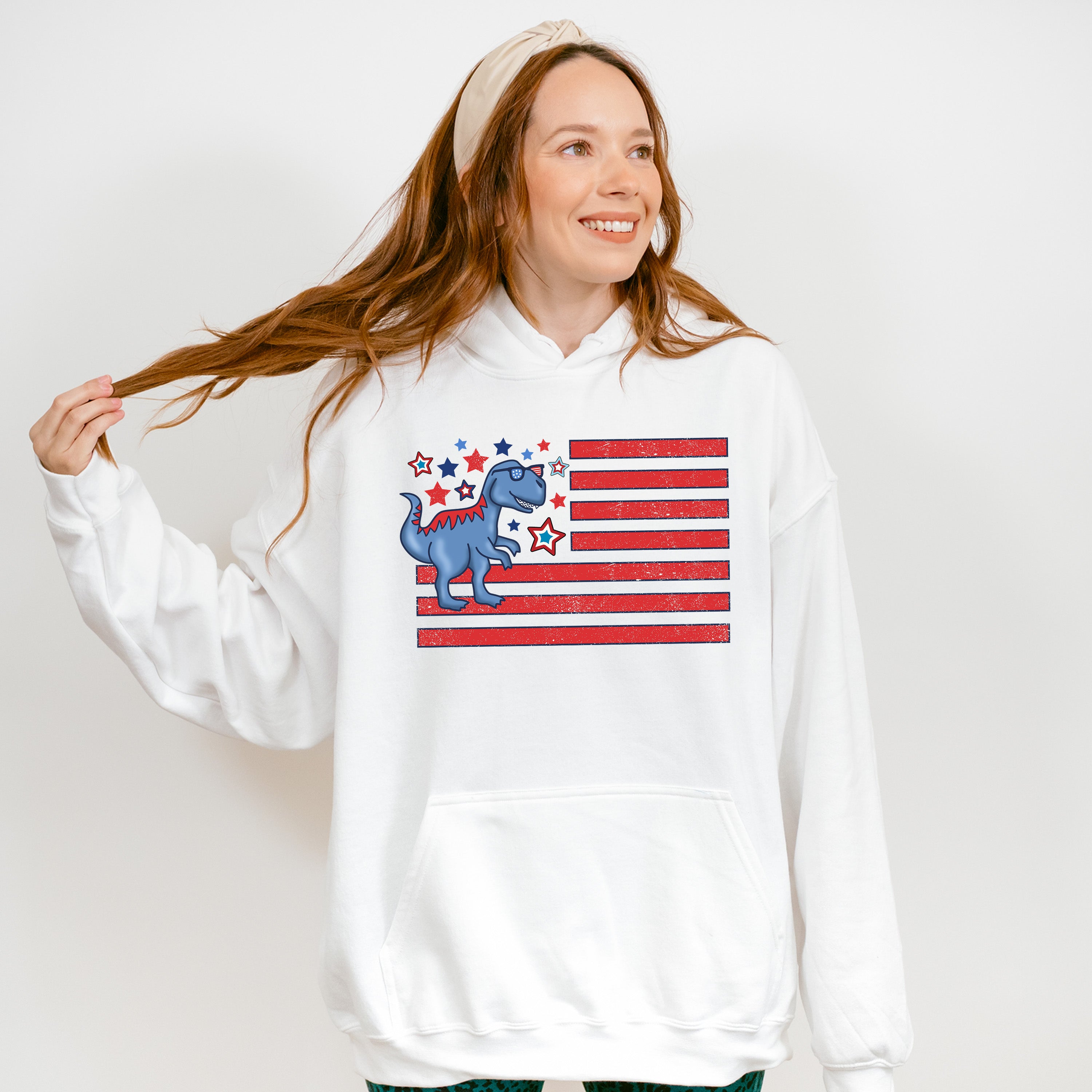 Blue Dinosaur US Flag Red Design - 4th Of July Unisex Crewneck T-Shirt Sweatshirt Hoodie
