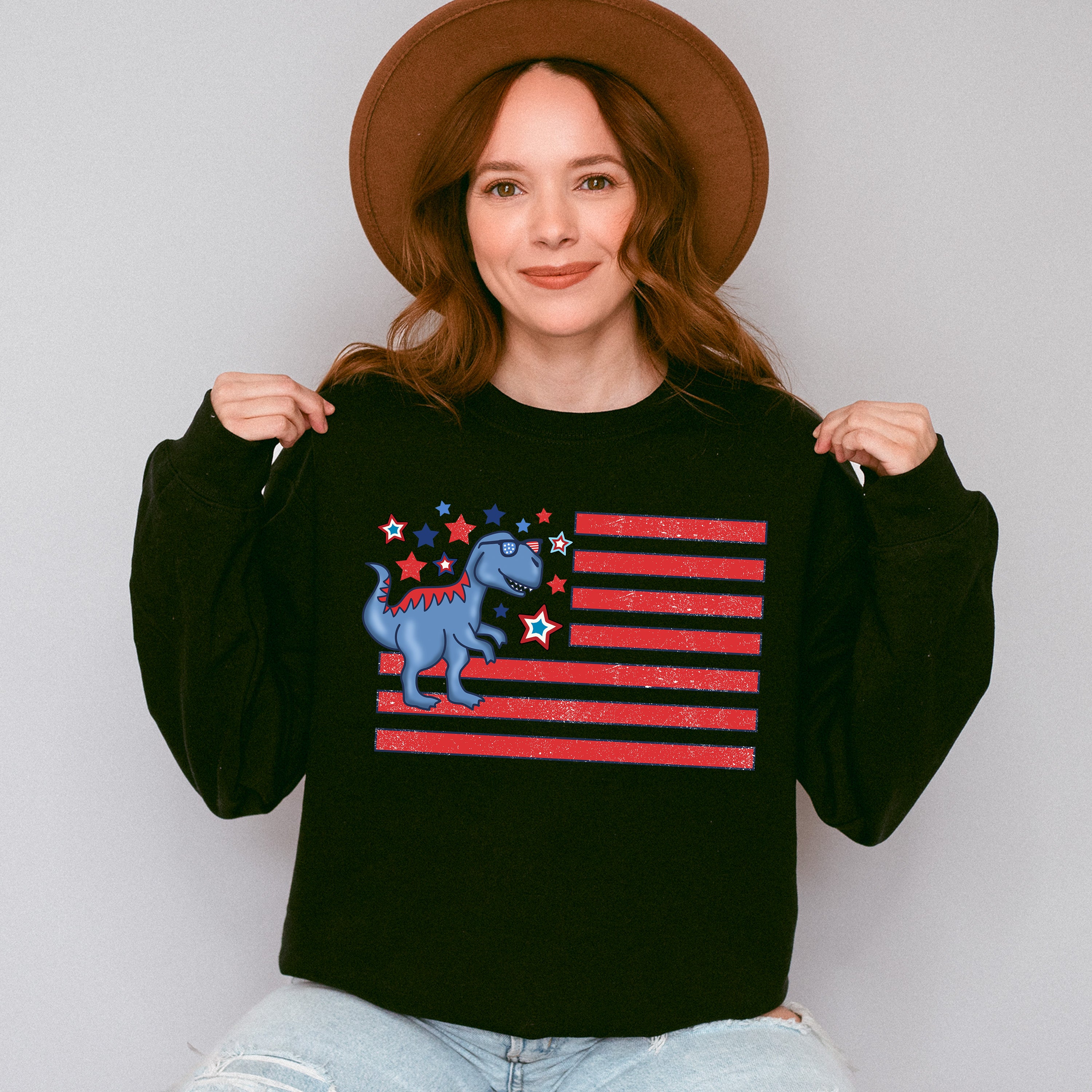 Blue Dinosaur US Flag Red Design - 4th Of July Unisex Crewneck T-Shirt Sweatshirt Hoodie
